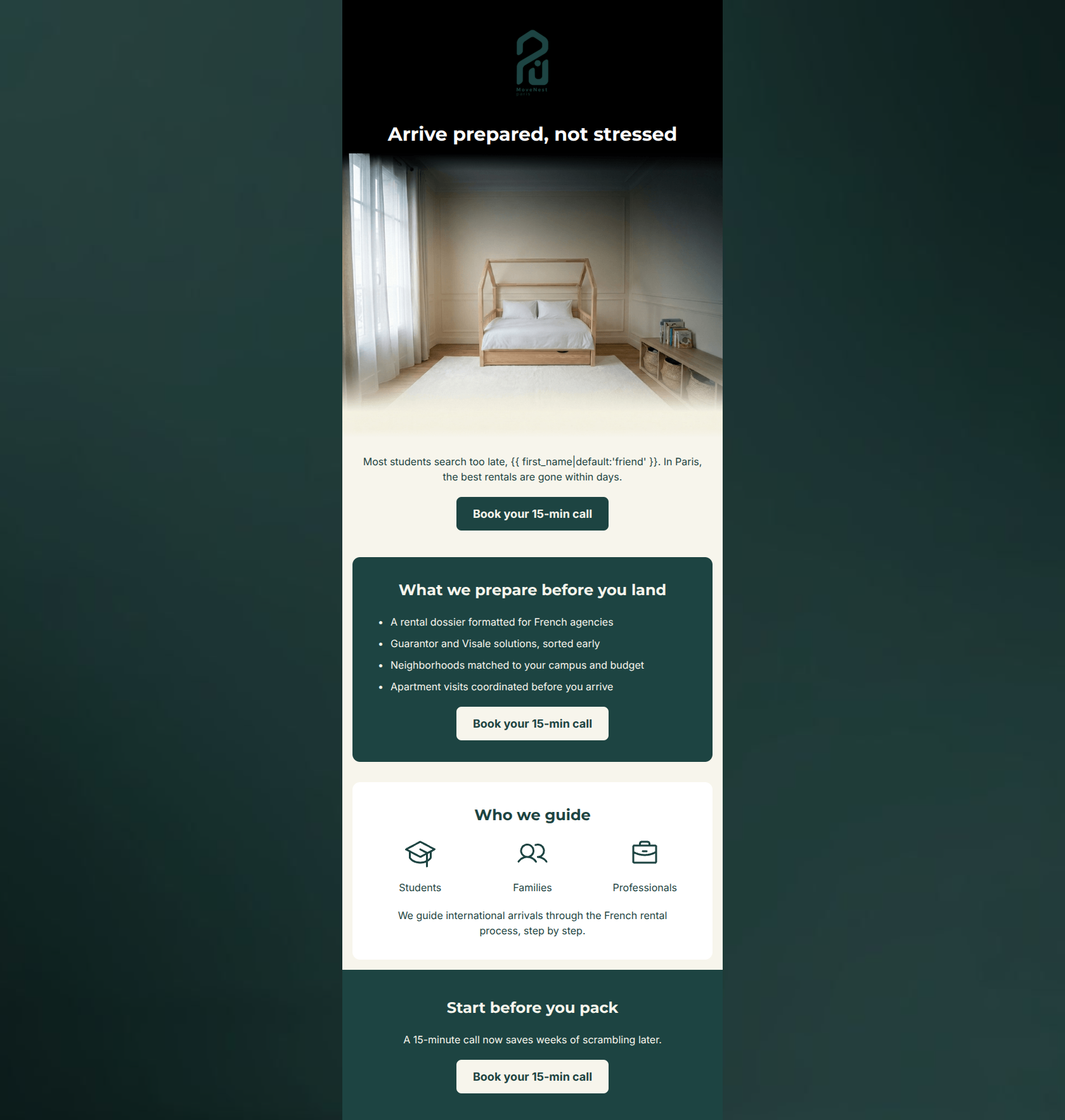 Email design: Arrive in Paris with your rental file ready