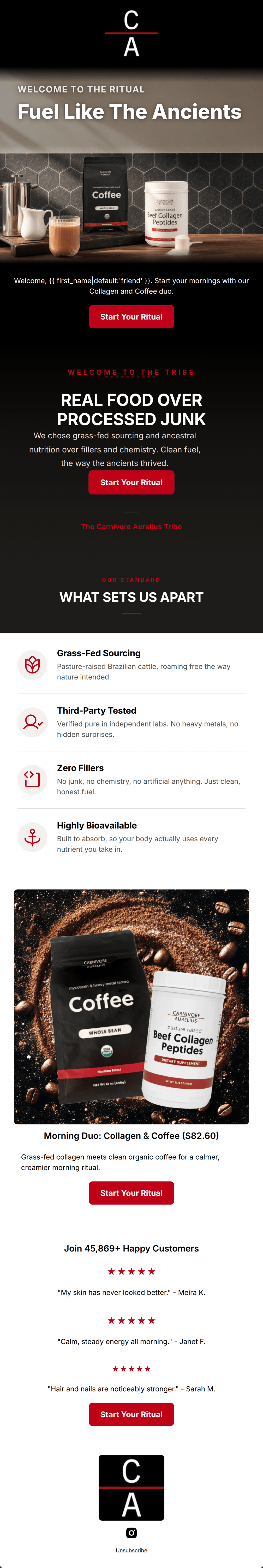 A dark-themed welcome email featuring a 'Fuel Like The Ancients' hero image, red call-to-action buttons, and bold white typography highlighting a grass-fed collagen and coffee duo.