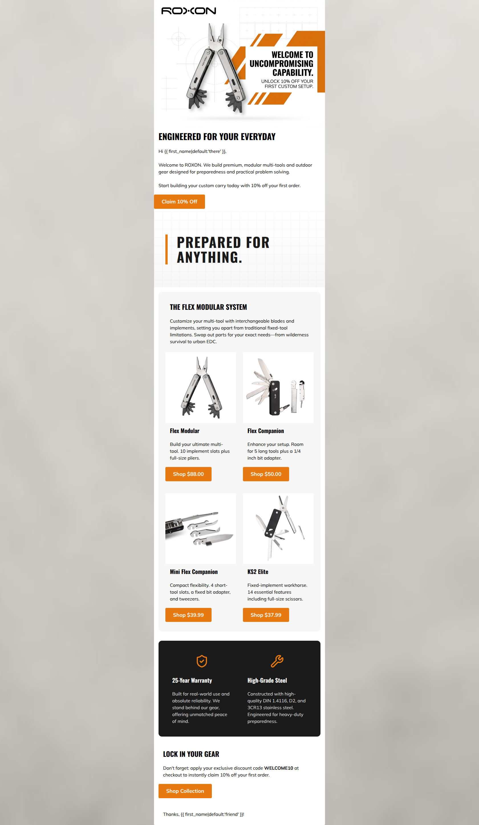 Email design: Welcome to ROXON. Take 10% off your gear.