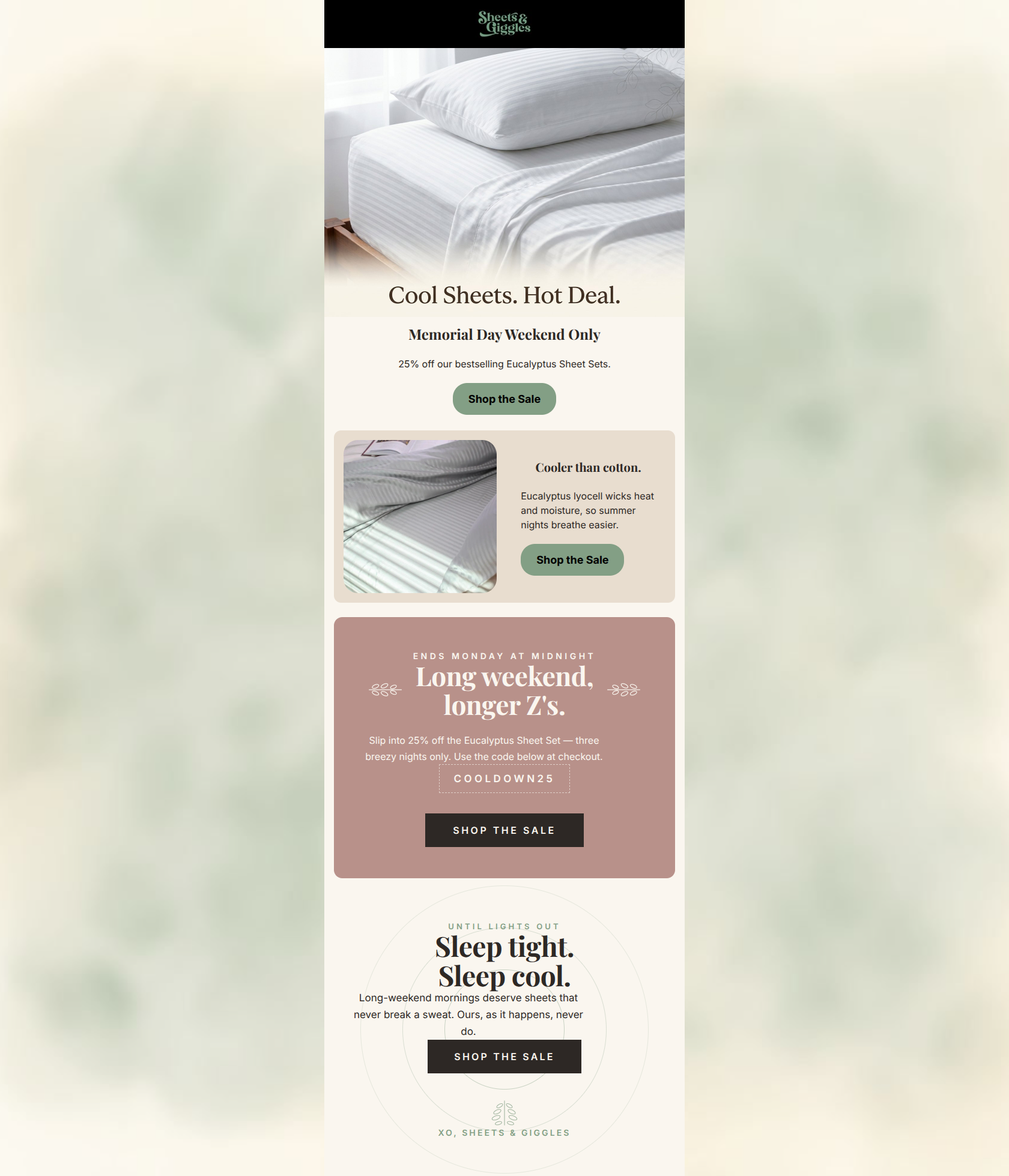 Email design: Memorial Day: 25% off cool sheets