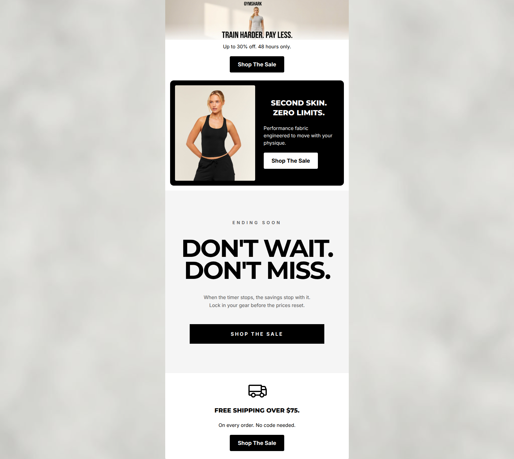 Email design: 48 Hours. Performance Wear. On Sale.