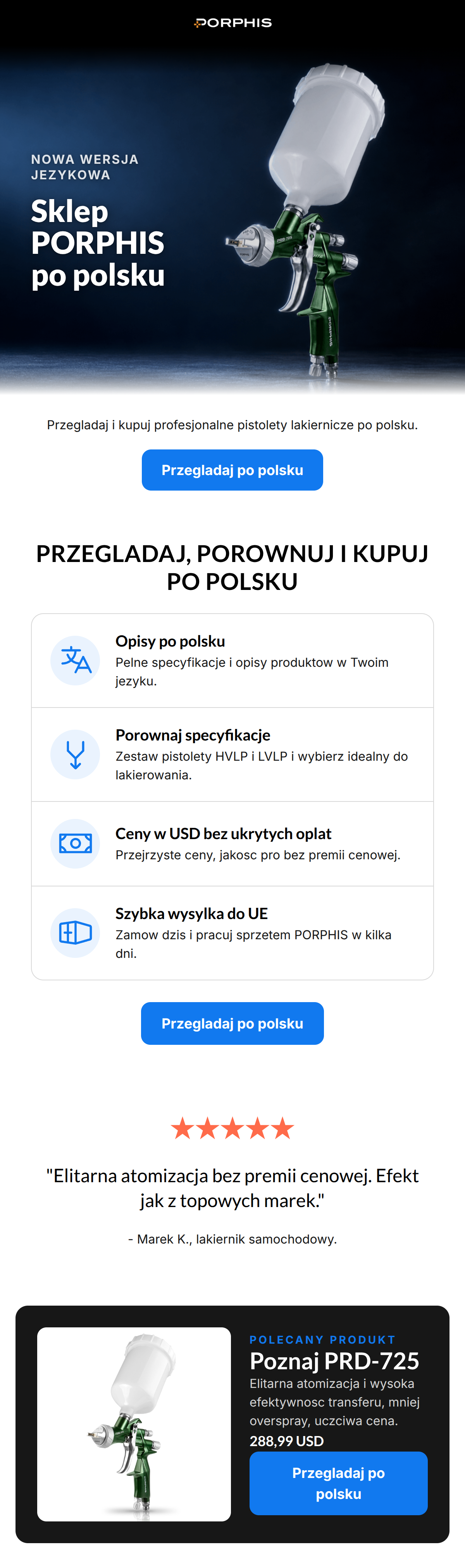 Industrial design featuring a spray gun hero image and a localized Polish feature comparison list.