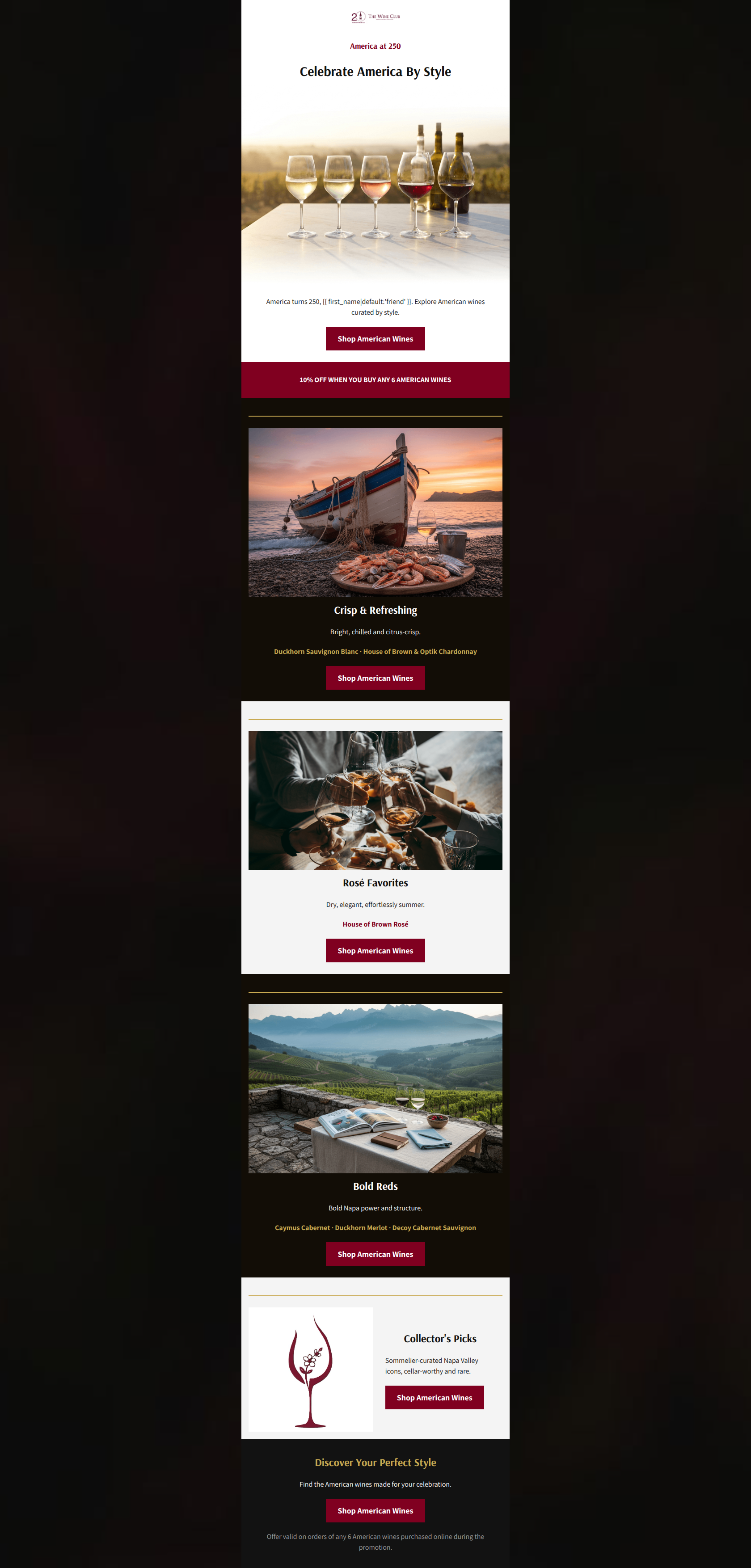 Email design: Red, White & Rosé: America at 250