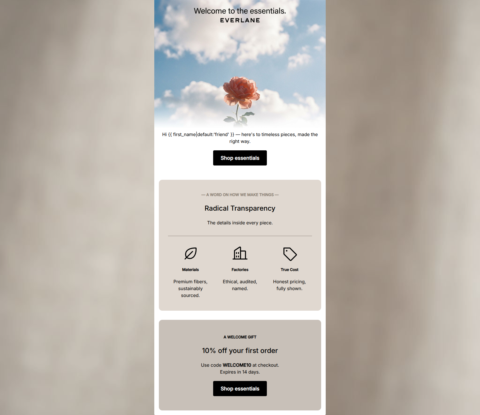 Email design: Welcome. Here's 10% off.