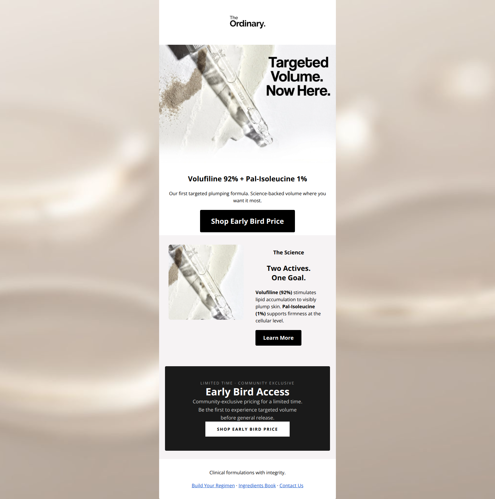Email design: New: Targeted Volume. Early Bird Access.