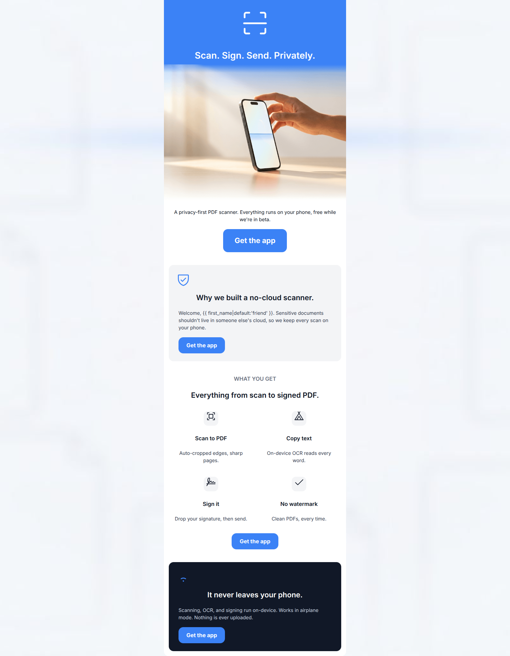 Email design: Welcome — scanning that never leaves your phone.