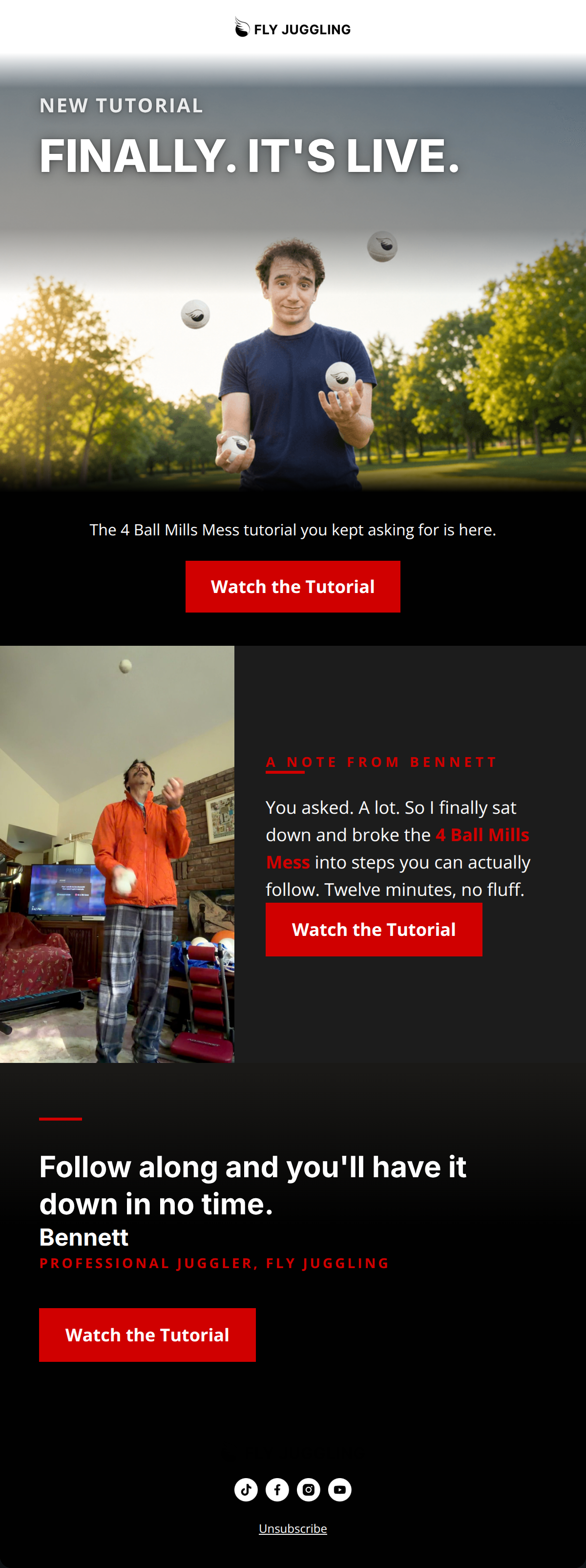 Dark-mode email design featuring a bold hero image and a personal message from the founder with red accents.