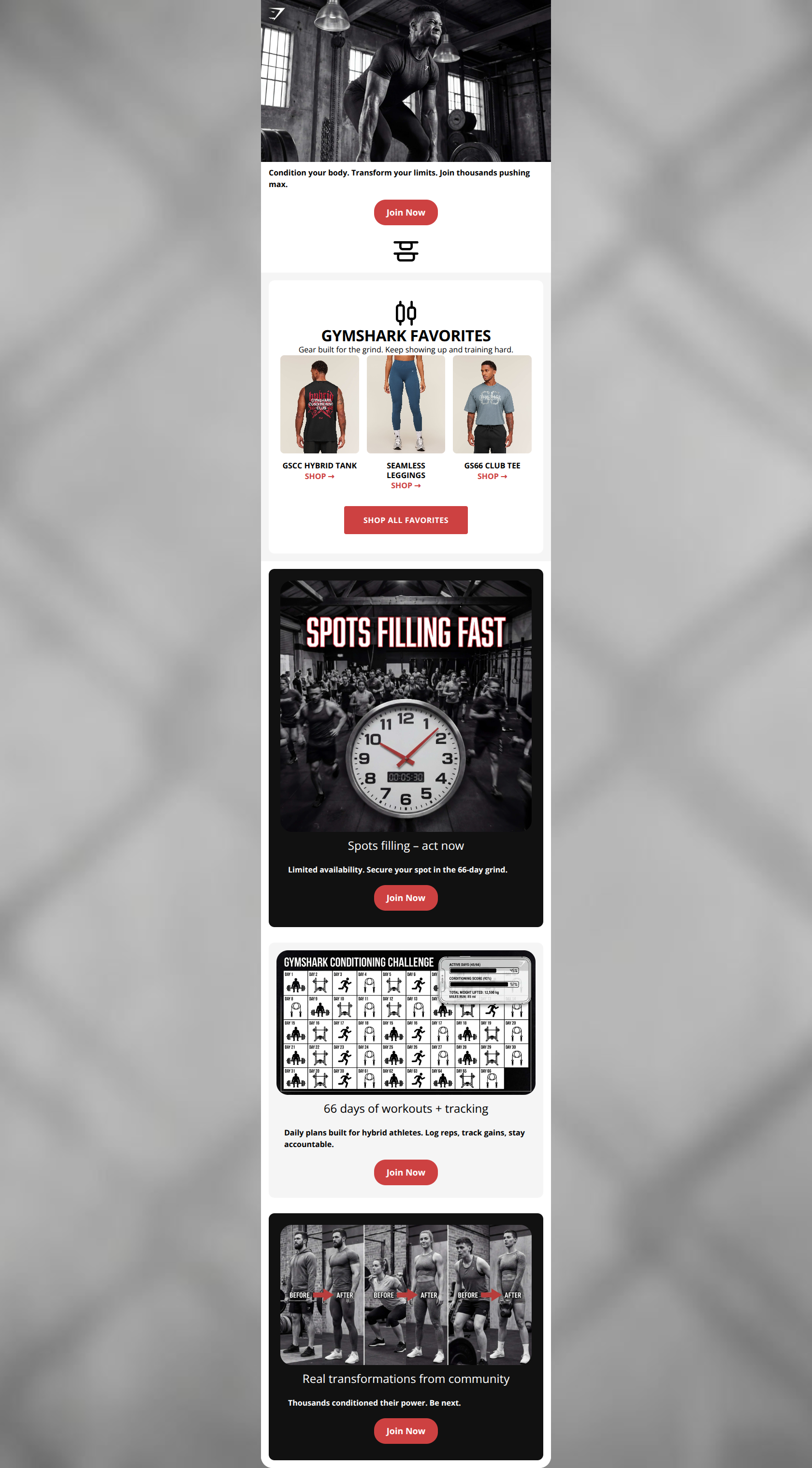 Email design: GYMSHARK66: Spots Limited