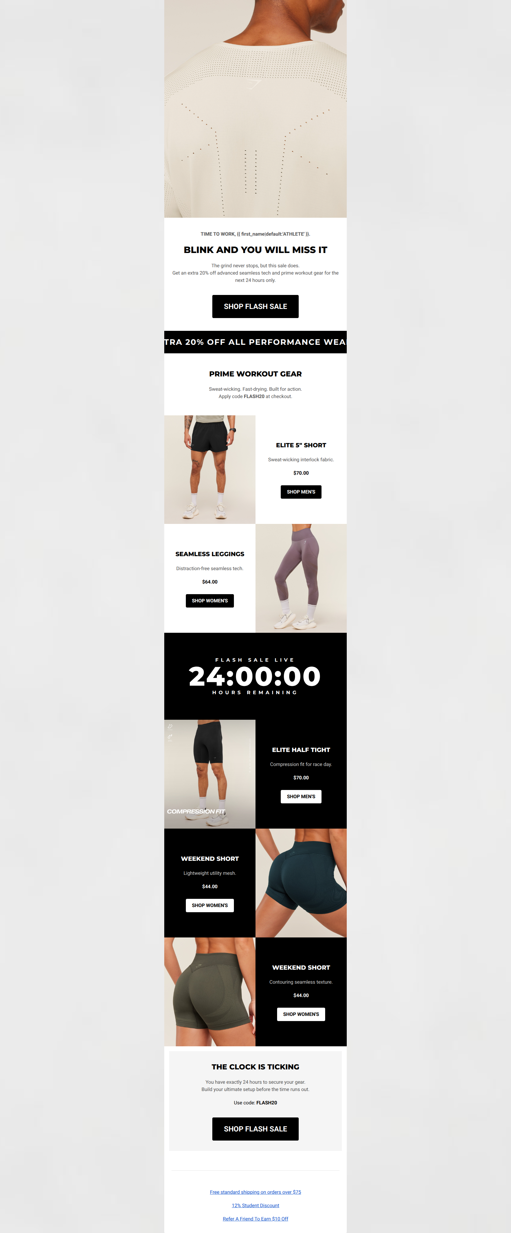 Email design: TIME TO WORK. 24-Hour Flash Sale Live.