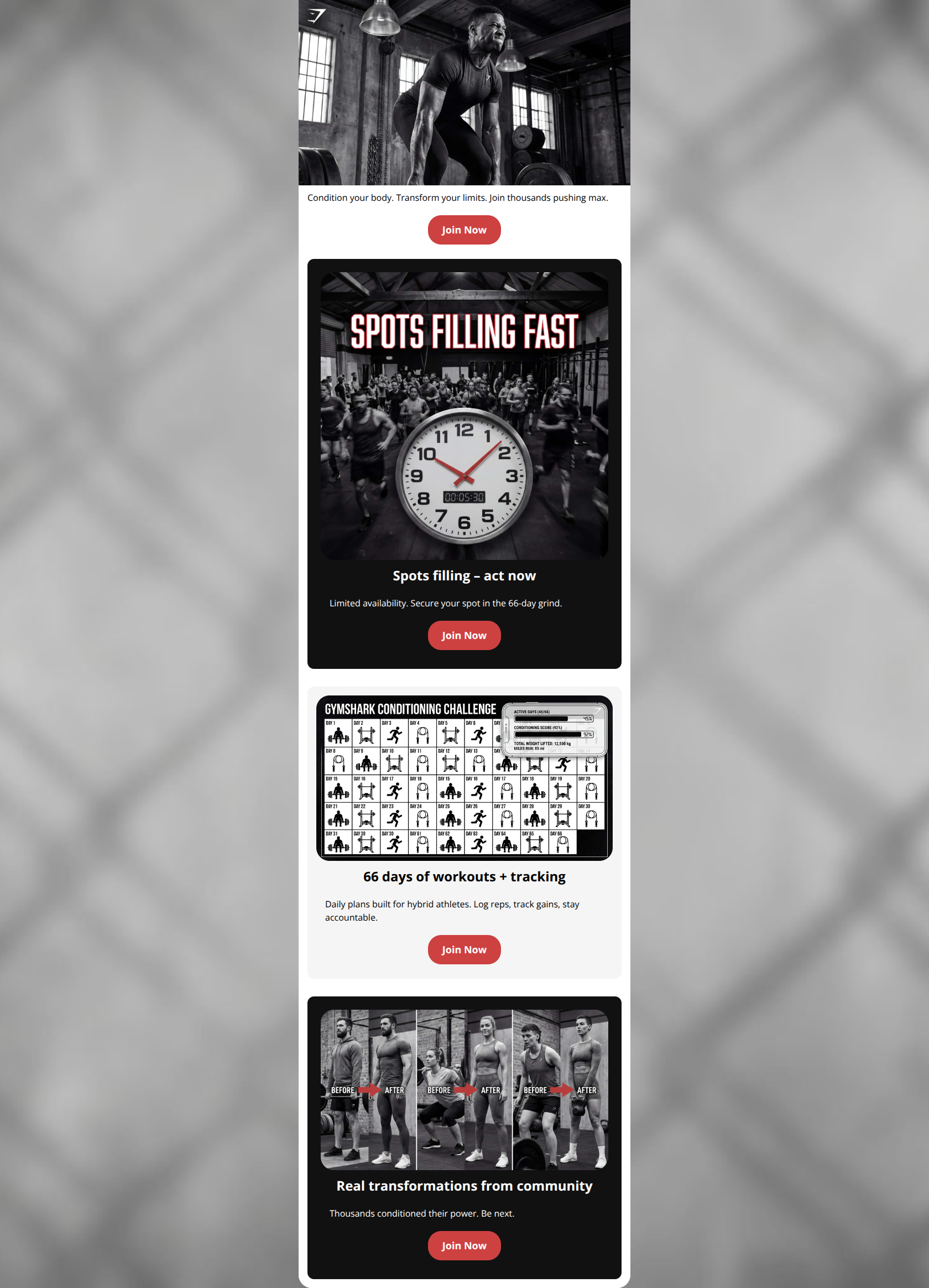 Email design: GYMSHARK66: Spots Limited