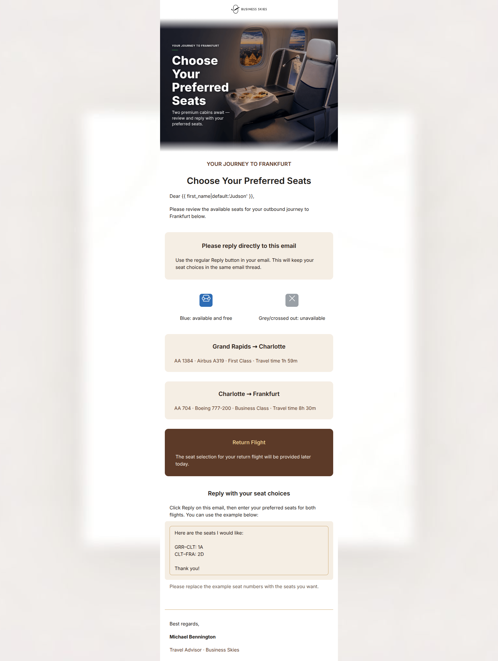 Email design: Choose Your Seats to Frankfurt, Judson