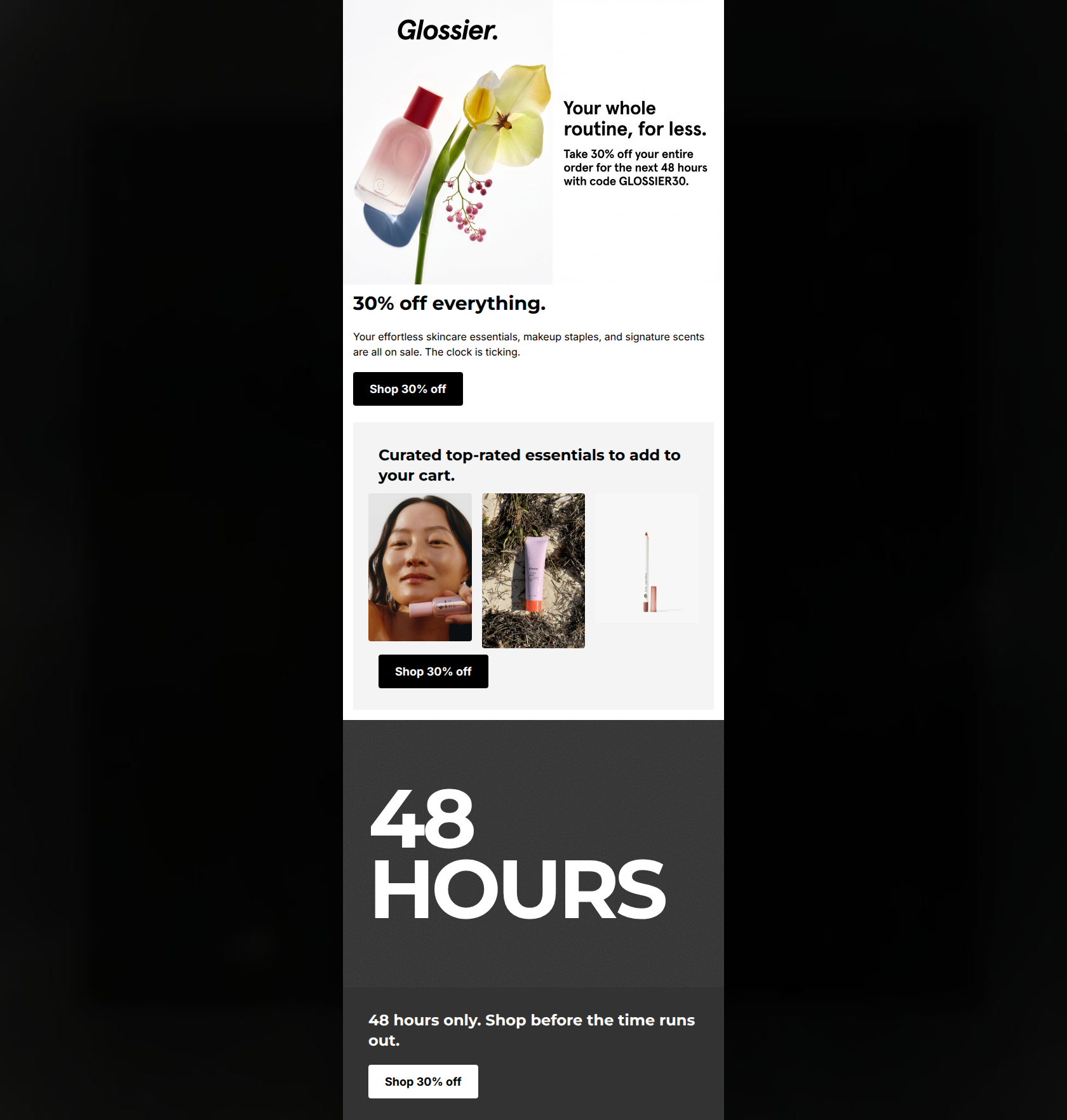 Email design: 30% off everything starts right now.