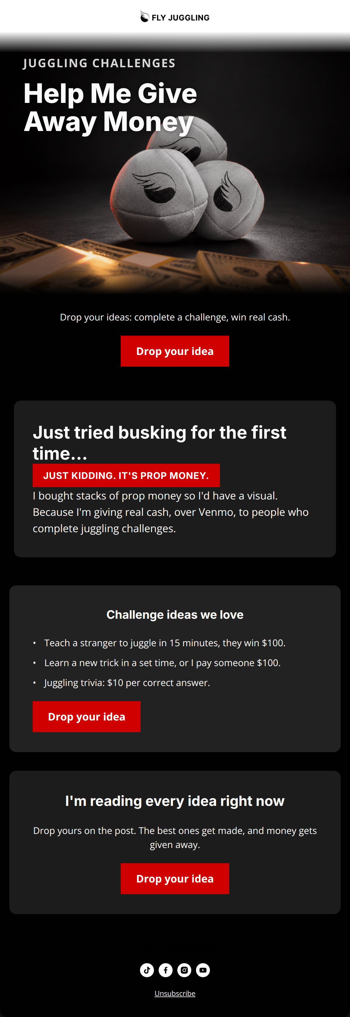 A dark-mode email for Fly Juggling with bold red buttons and a hero image offering cash rewards for juggling challenge ideas.