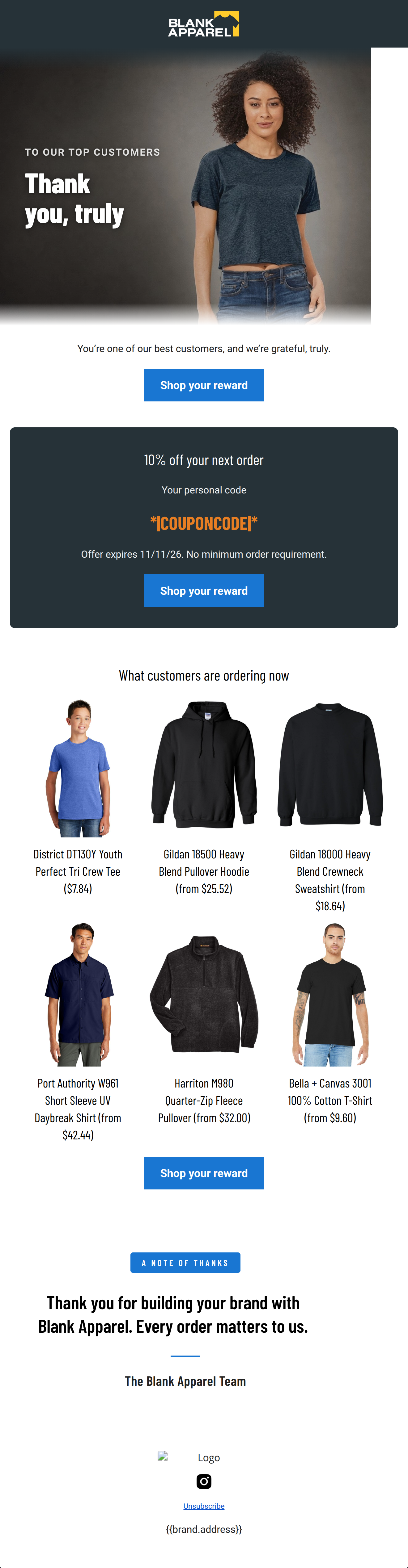 Email design: A thank you, and 10% off your next order