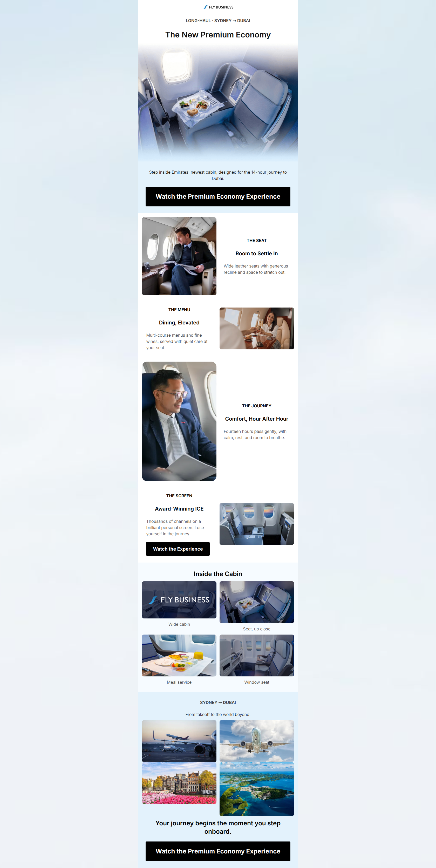 Email design: Onboard Emirates Premium Economy · Sydney → Dubai