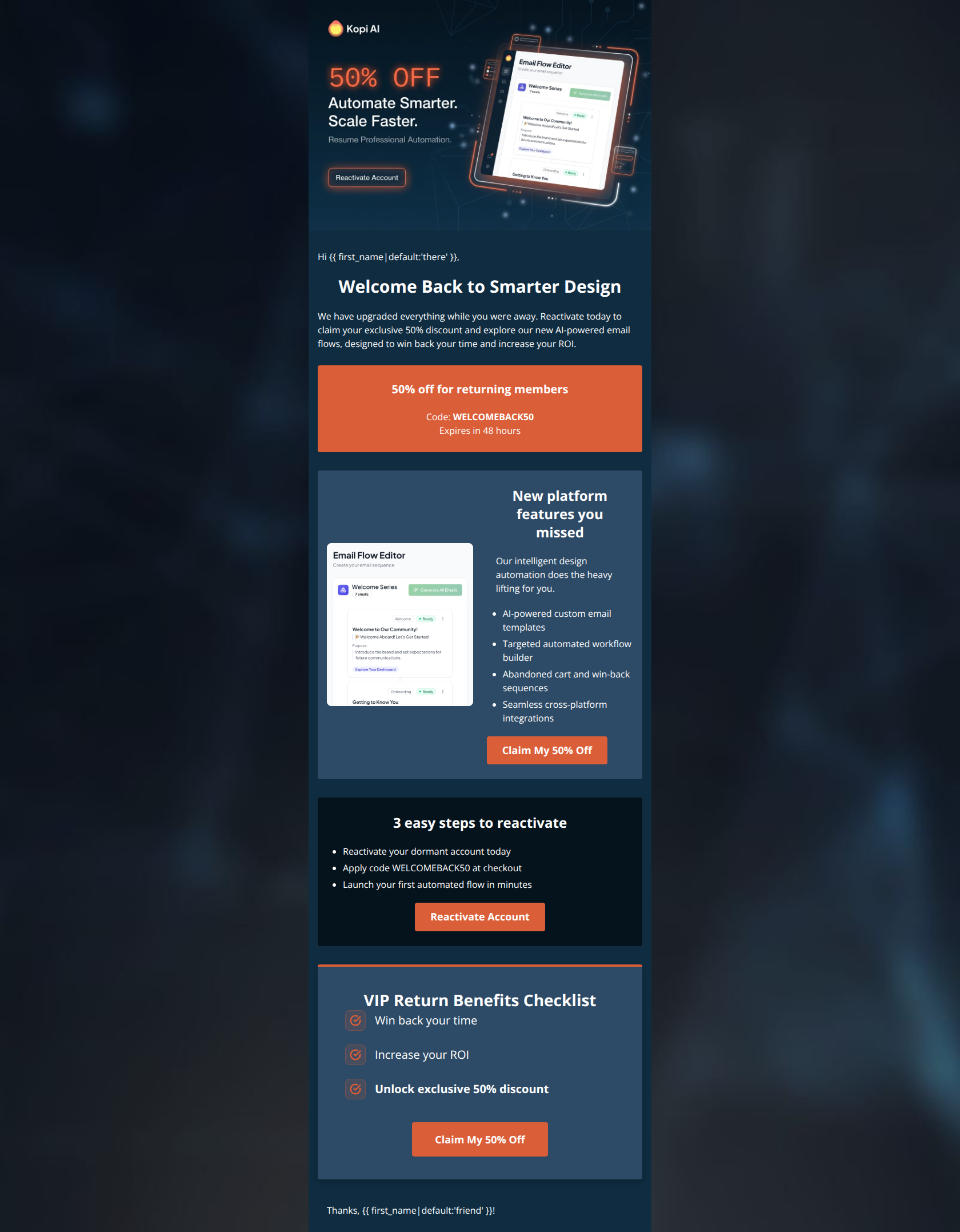 Email design: 50% off Kopi AI + top reasons to return