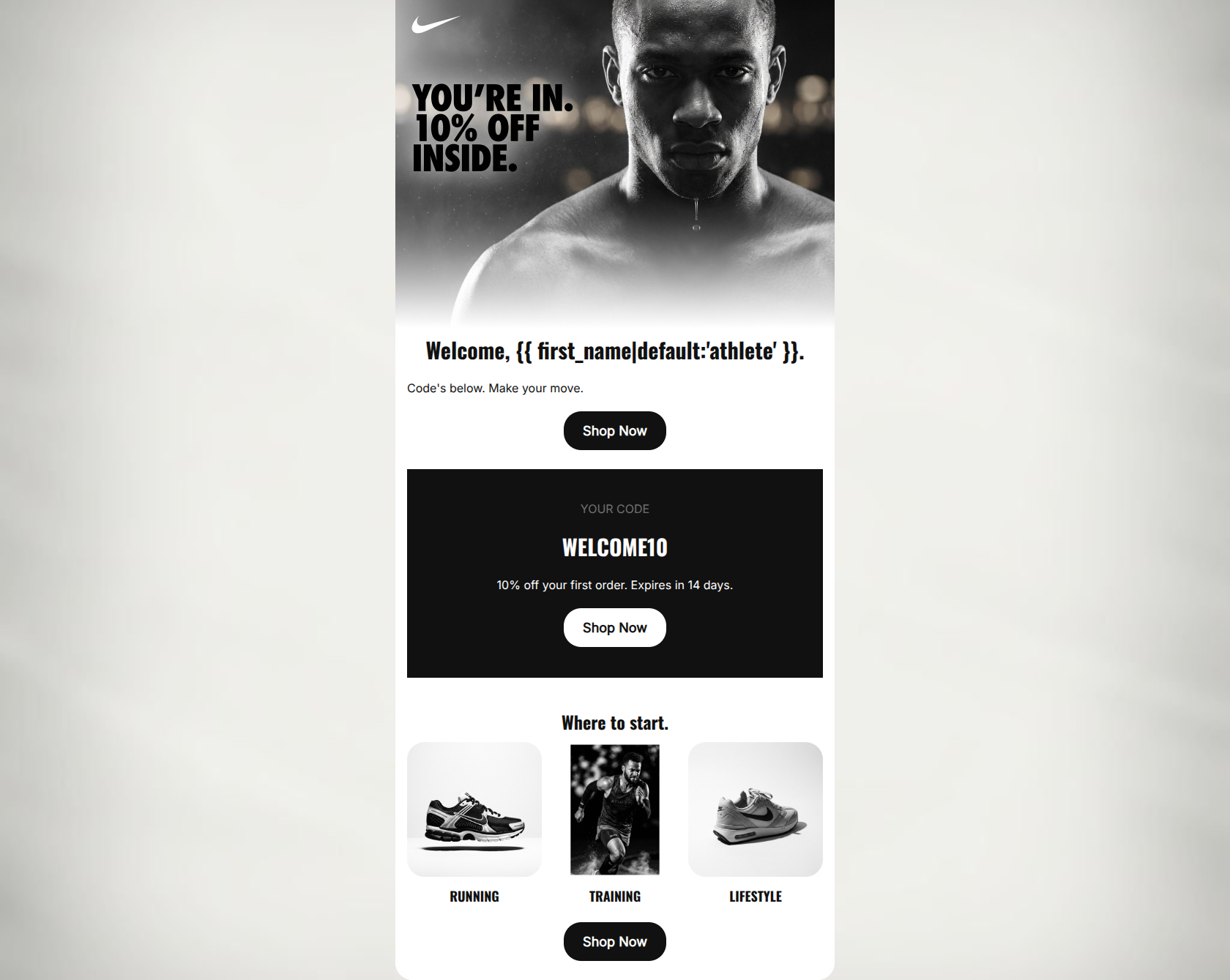 Email design: Welcome in. Here's 10% off.