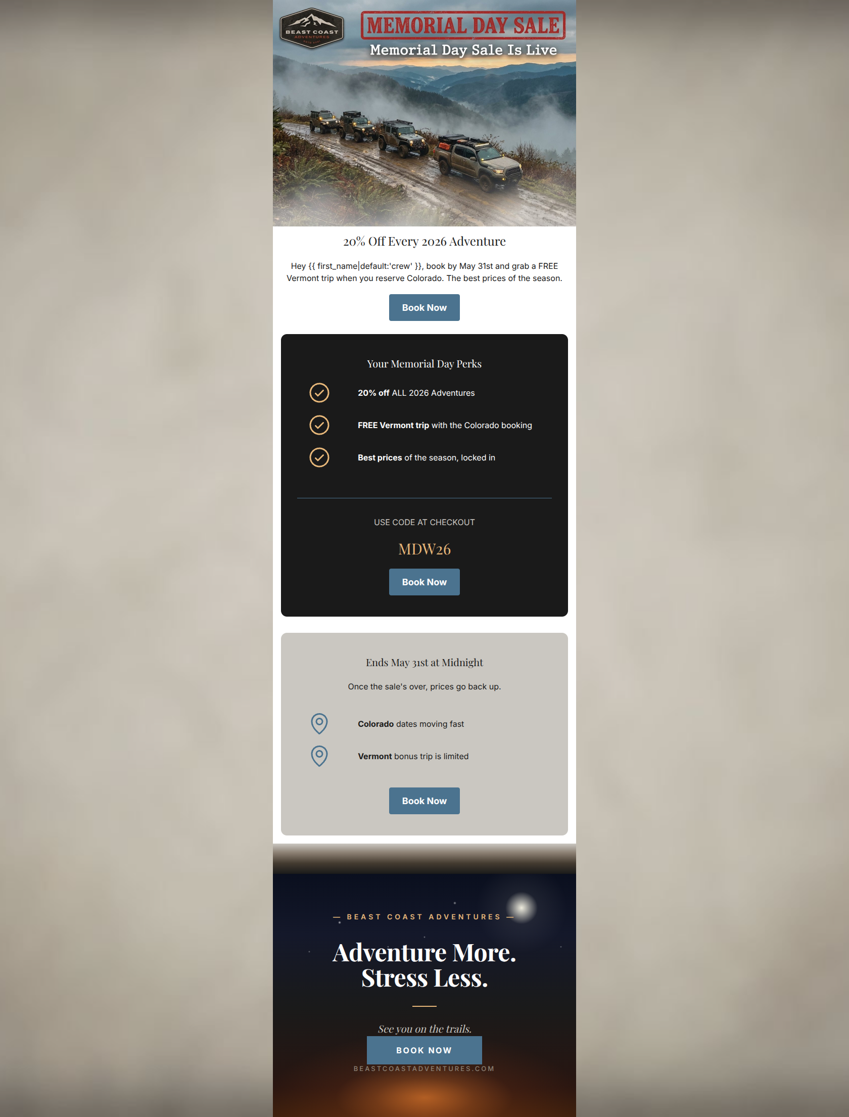 Email design: Memorial Day Sale: 20% Off 2026 Adventures