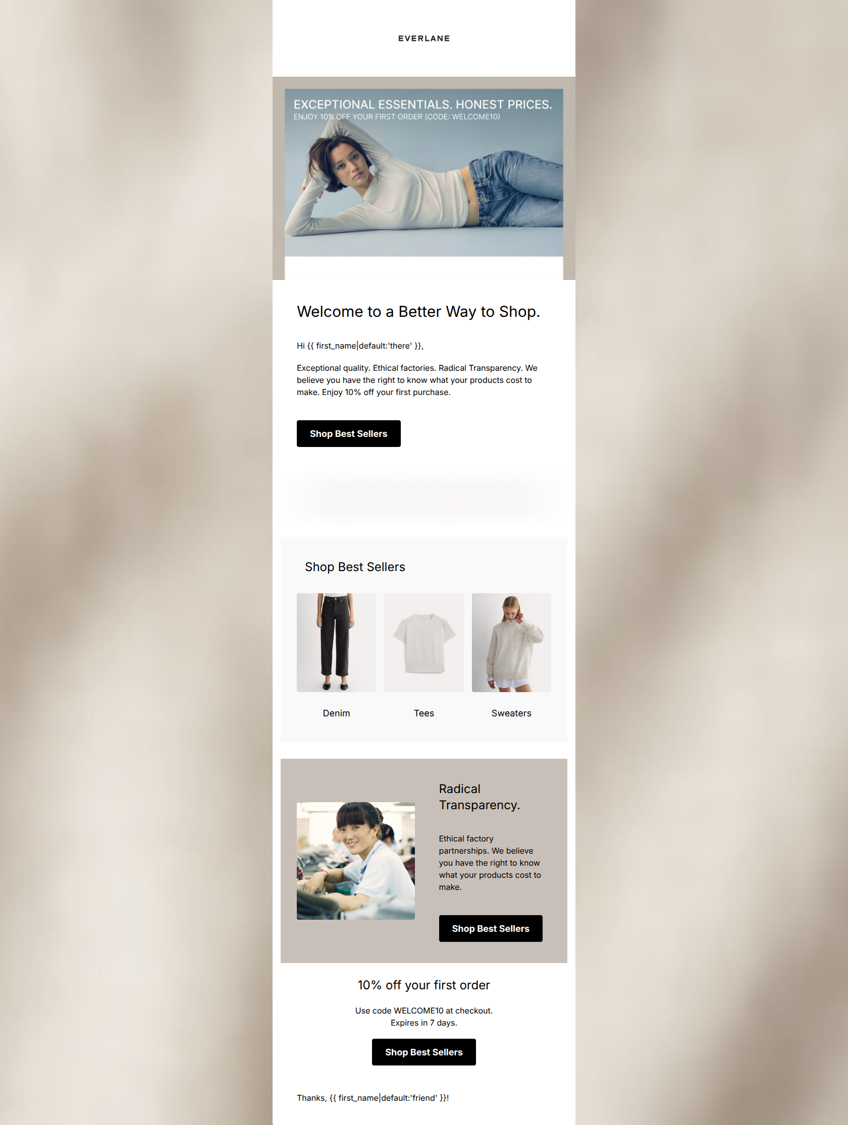 Email design: Welcome to Everlane. Enjoy 10% off.