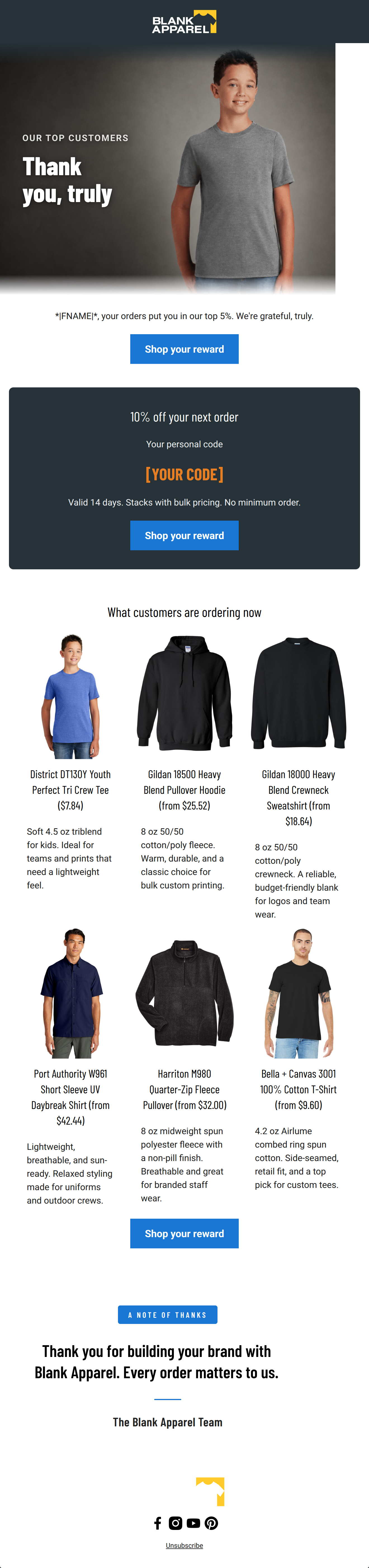 Email design: A thank you, and 10% off your next order