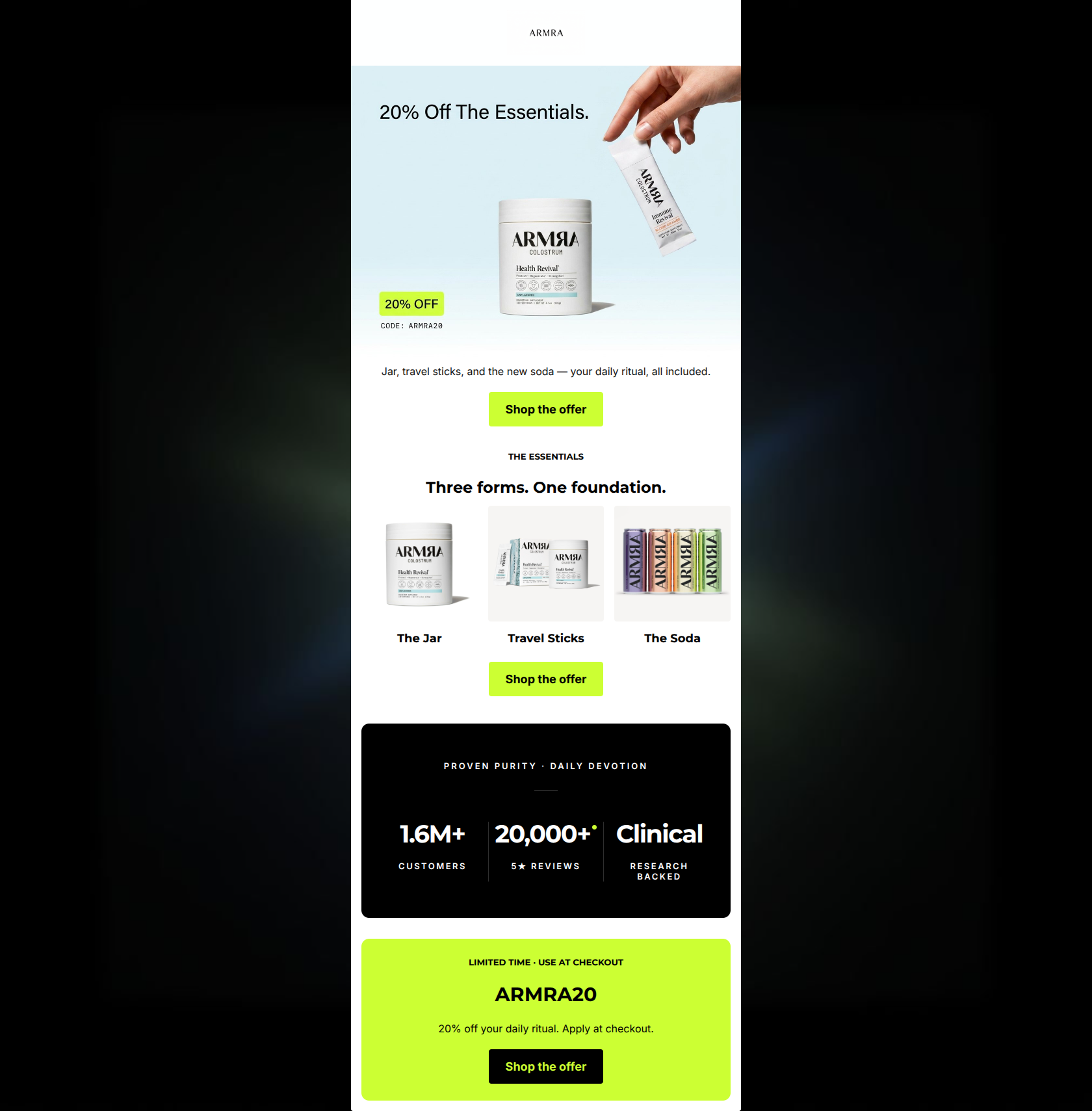 Email design: 20% off your daily revival โ code ARMRA20