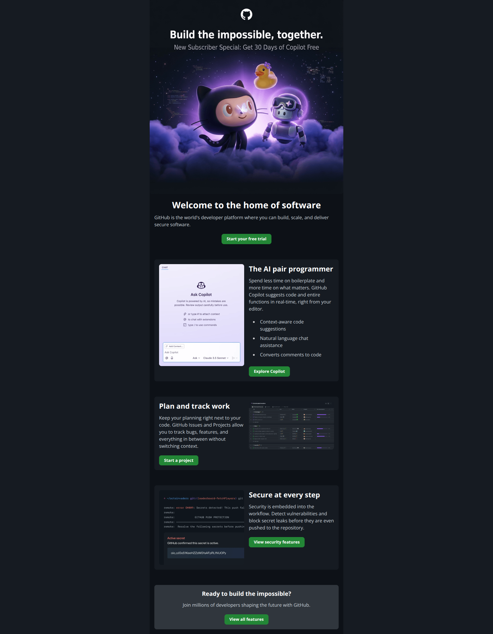Email design: Welcome to GitHub: Build the Future
