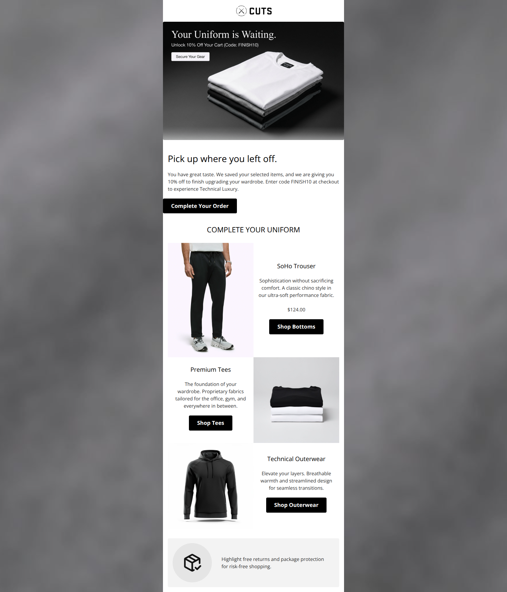 Email design: Left something behind? Take 10% off your order.