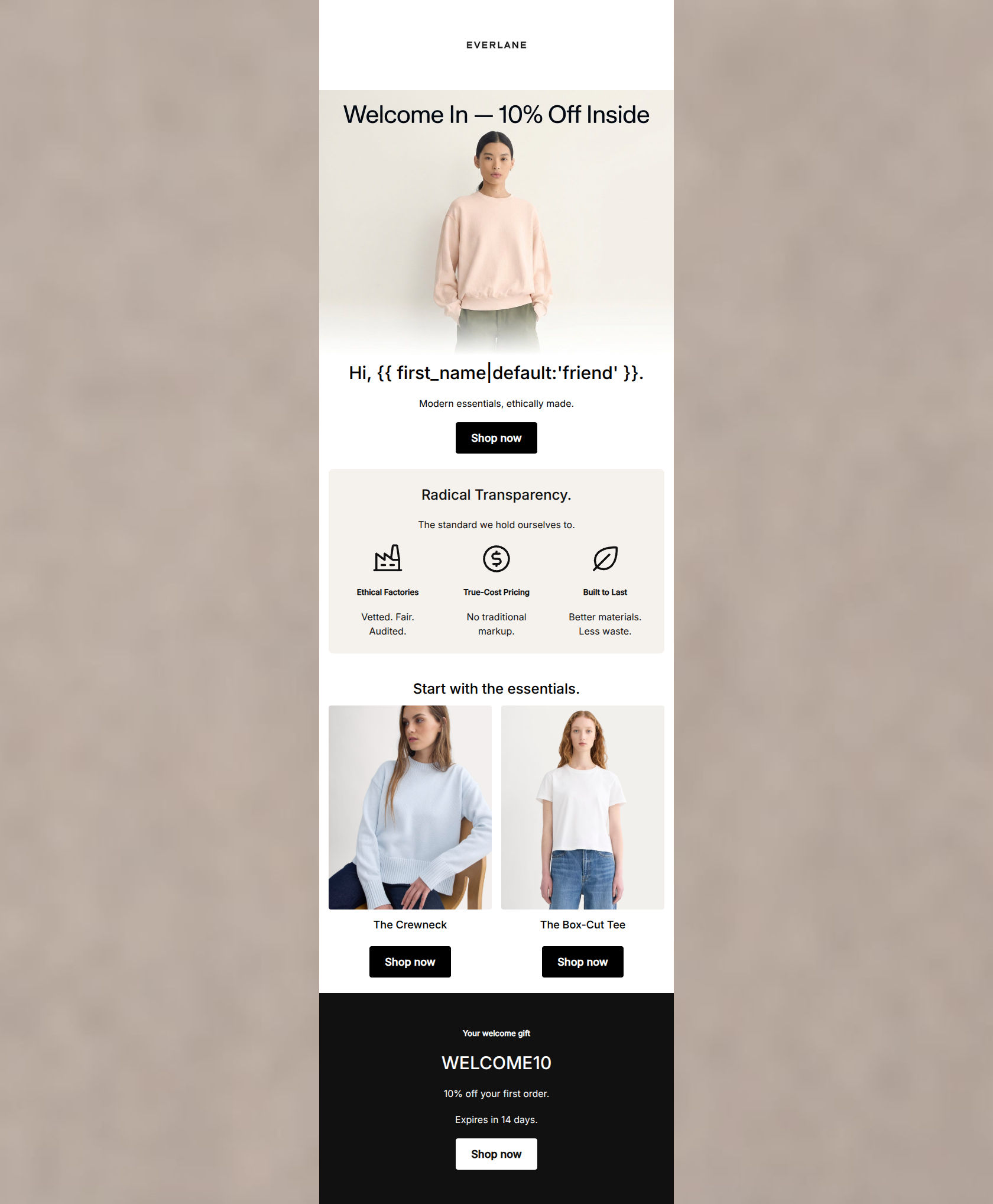 Email design: Welcome to Everlane. Here's 10% off.