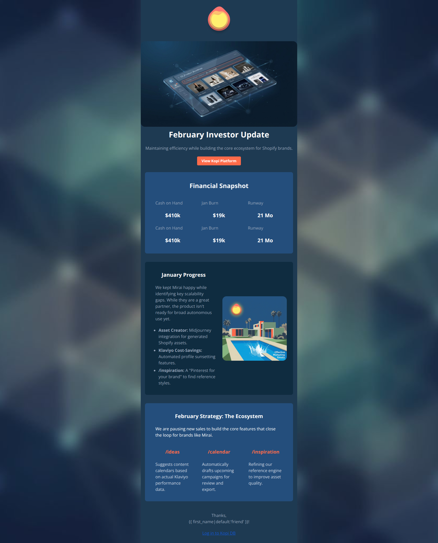 Email design: Kopi AI Feb Update: building the ecosystem