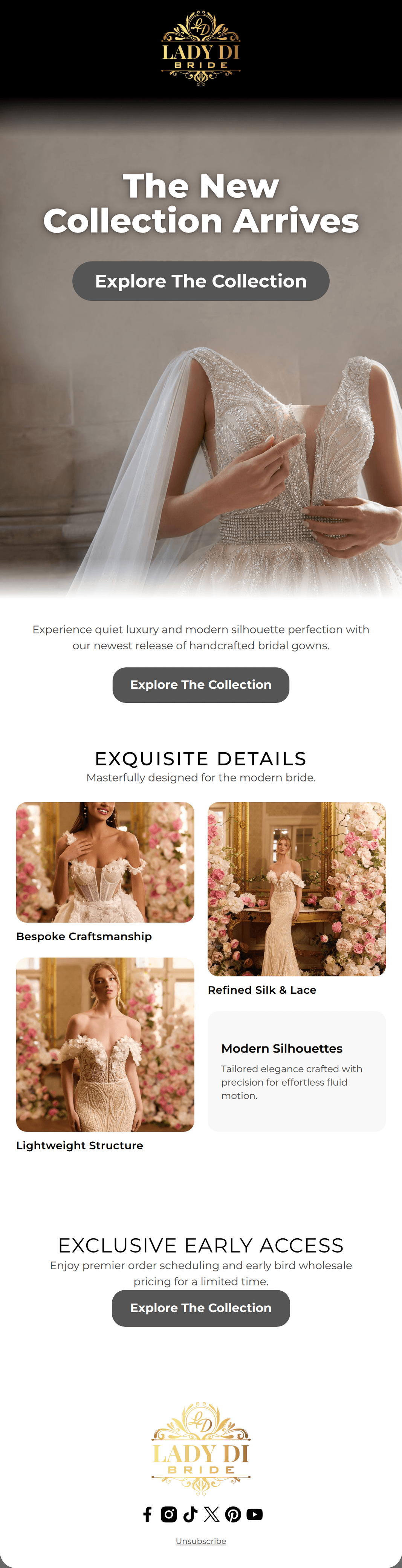 Elegant bridal email with a hero image for the new collection and an asymmetric mosaic of lace details.
