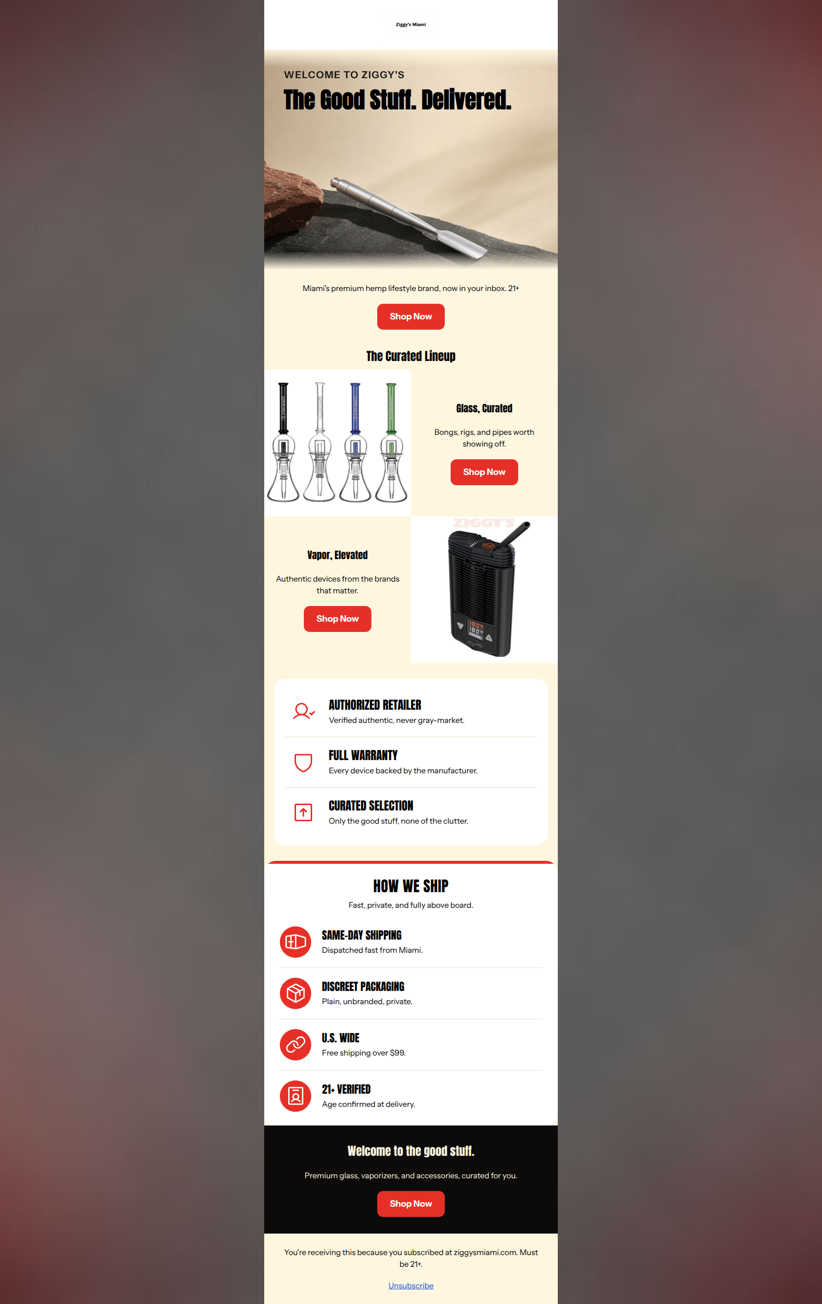 A welcome layout featuring a bold hero image, colorful glass water pipes, and a high-end portable vaporizer.