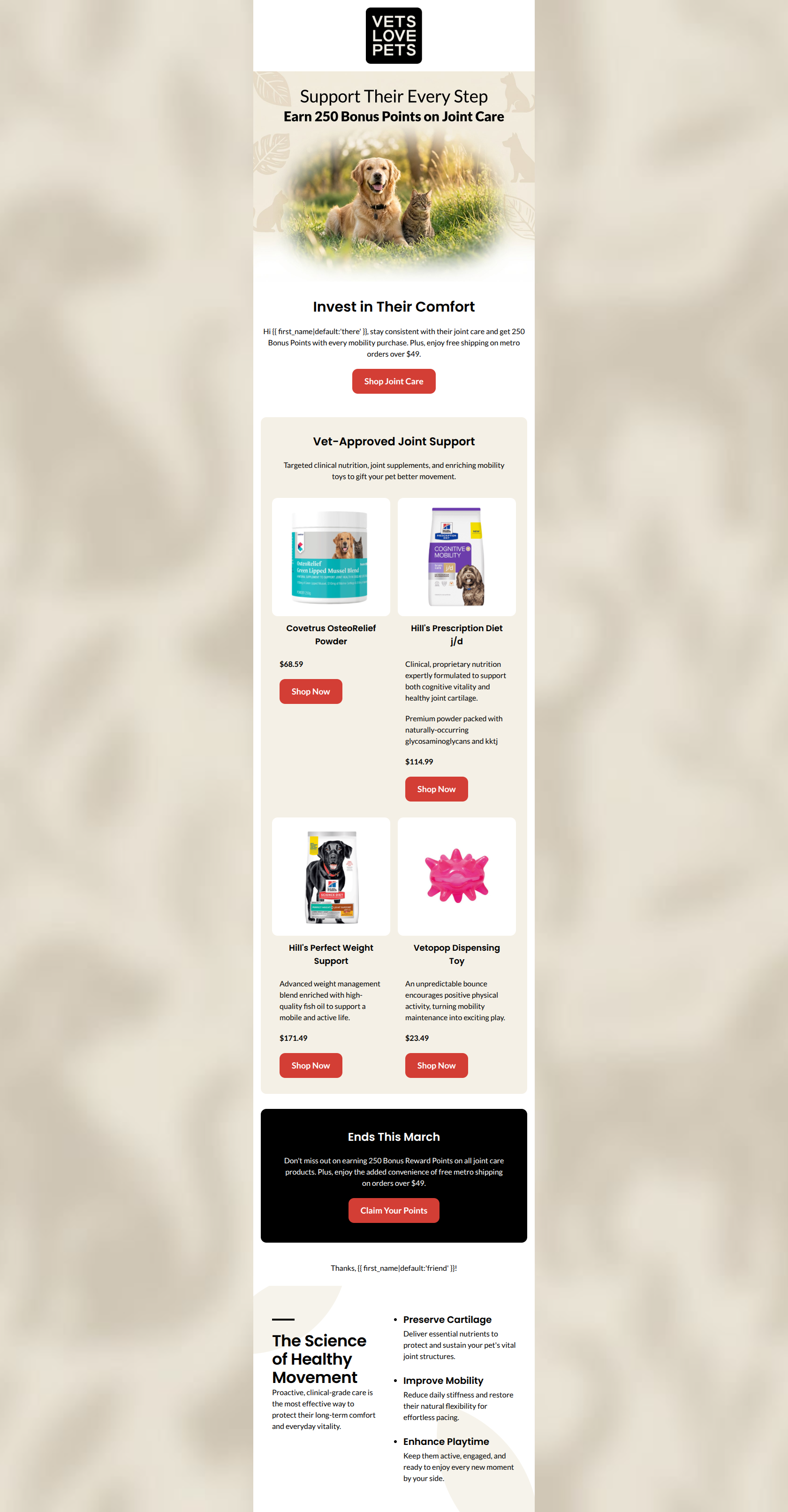 Email design: Earn 250 bonus points on joint care products