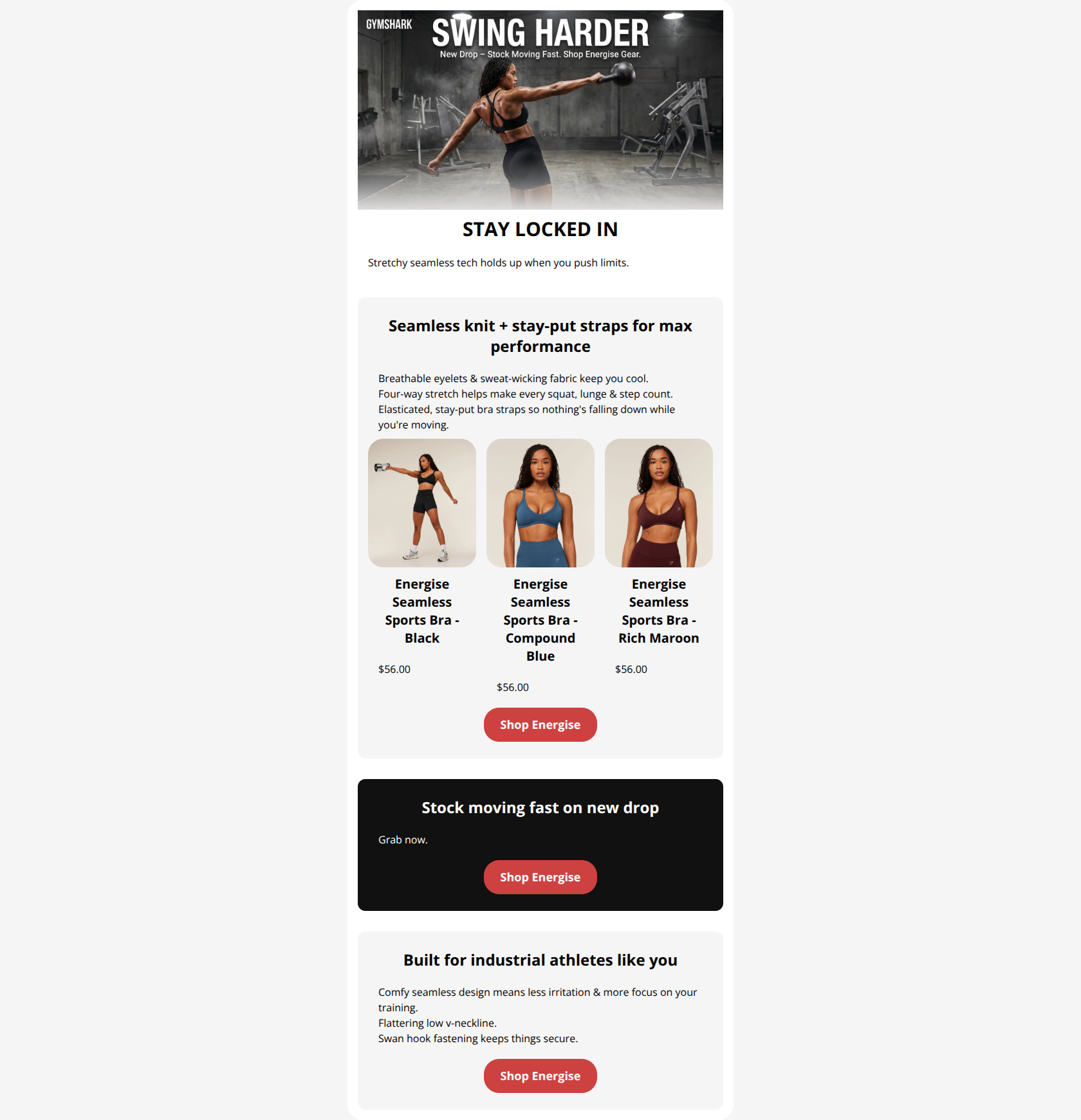 Email design: New Energise: Stretchy. Stay-Put. Shop Now.