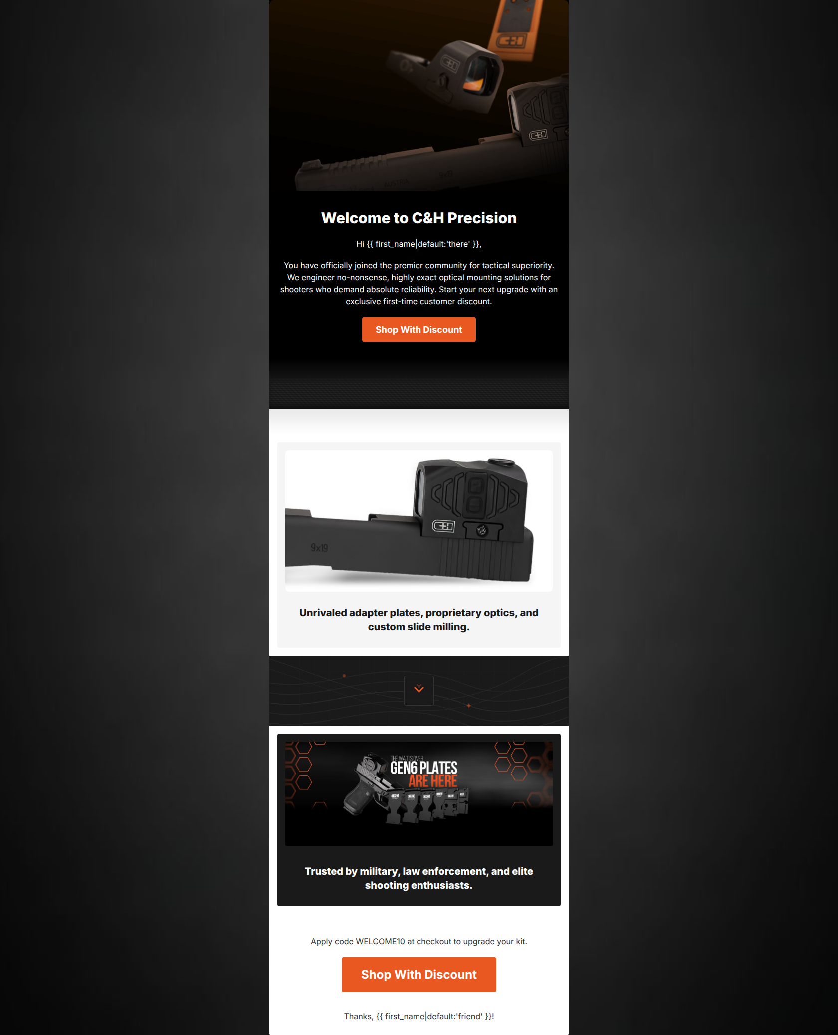 Email design: Welcome to the squad. Take 10% off.