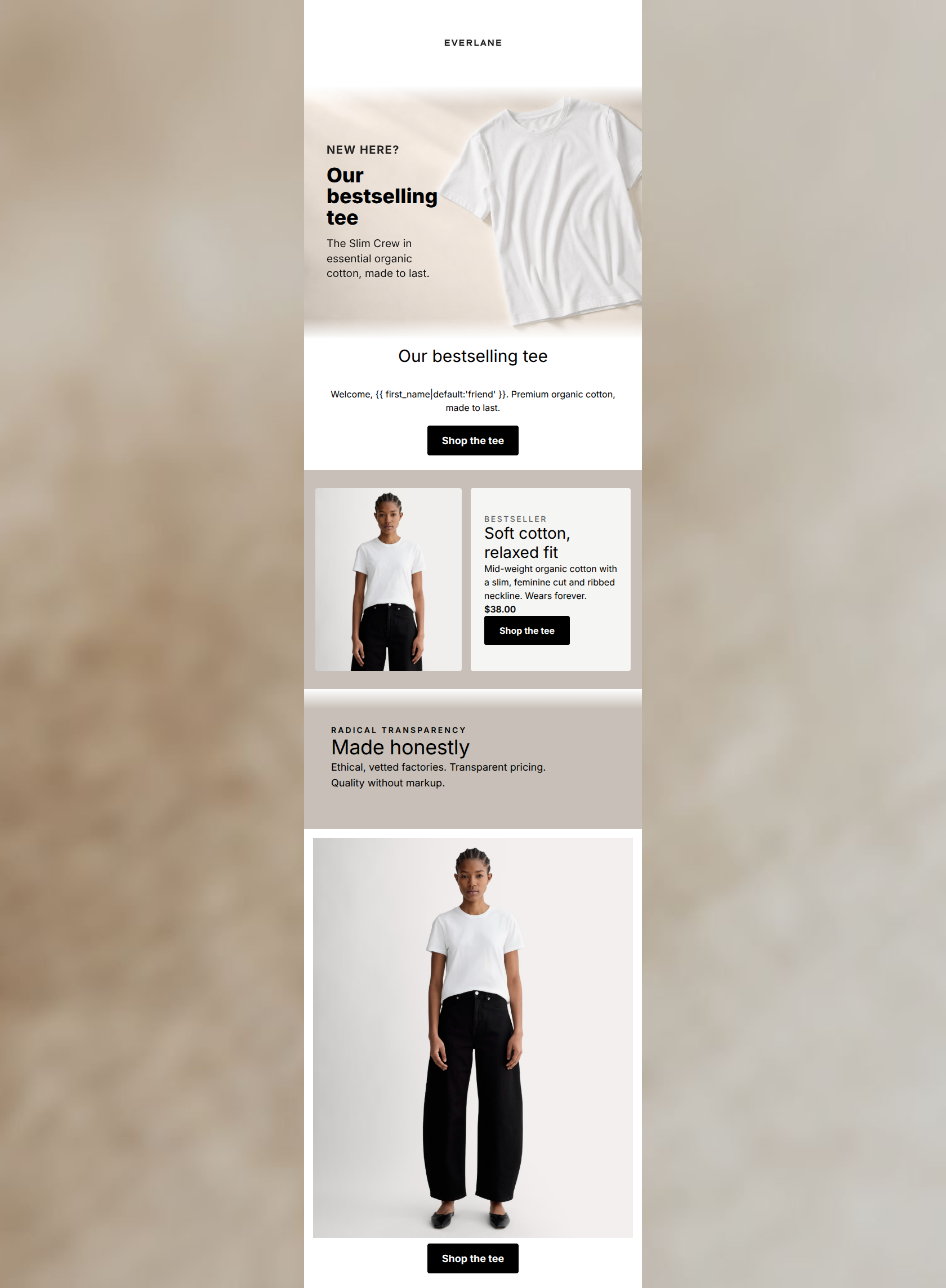 Minimalist layout featuring the Slim Crew tee, ethical manufacturing details, and a $38 price point.