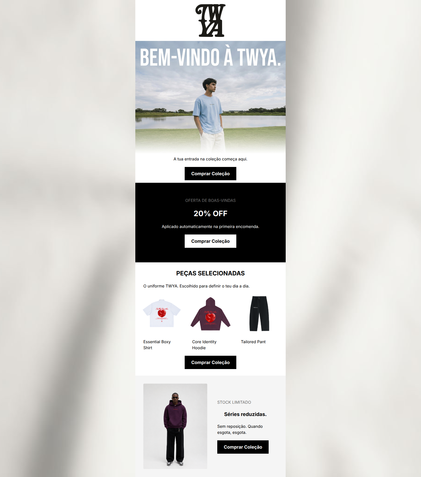 Email design: Bem-vindo à TWYA — 20% OFF dentro