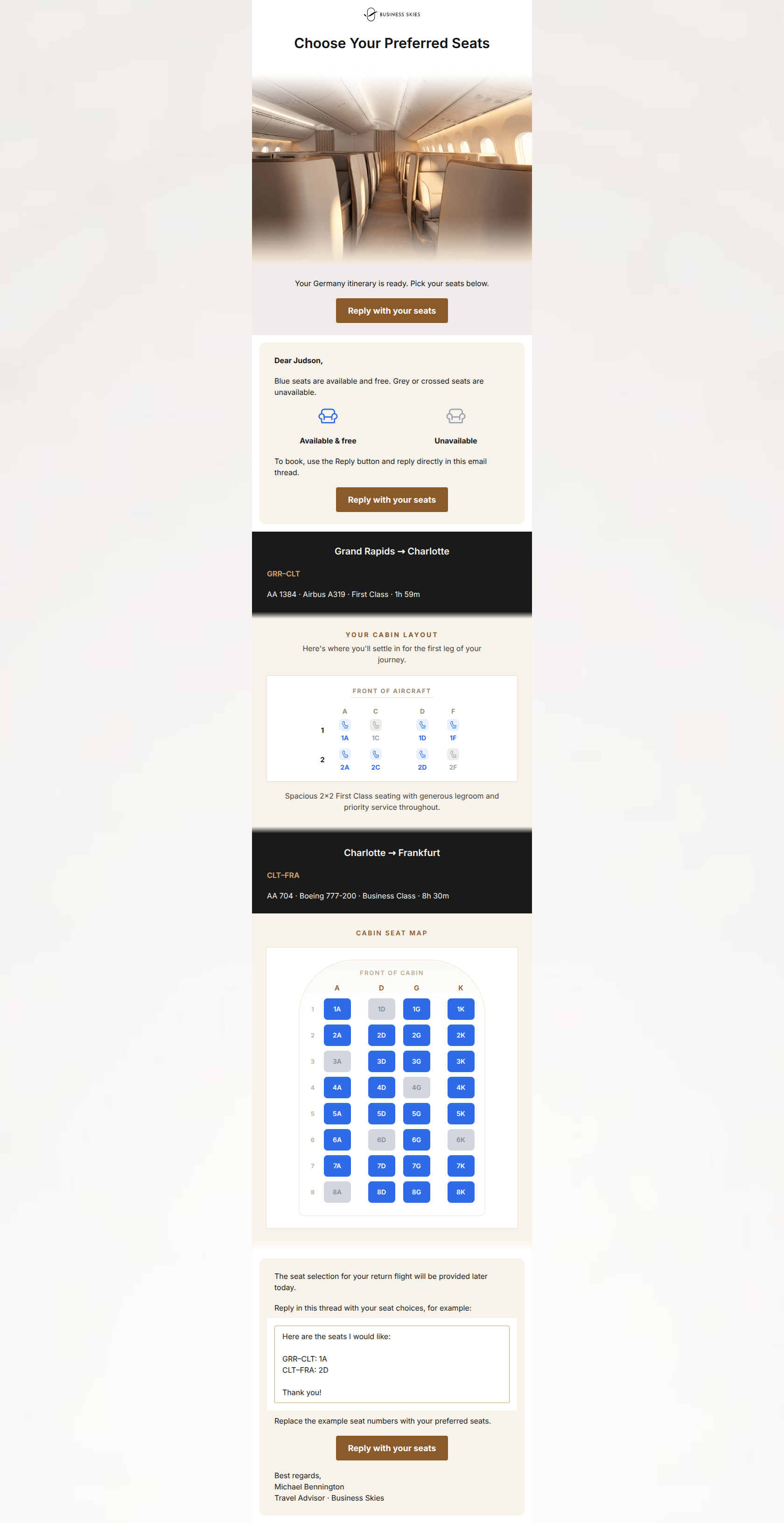 Email design: Choose your seats for Germany, Judson