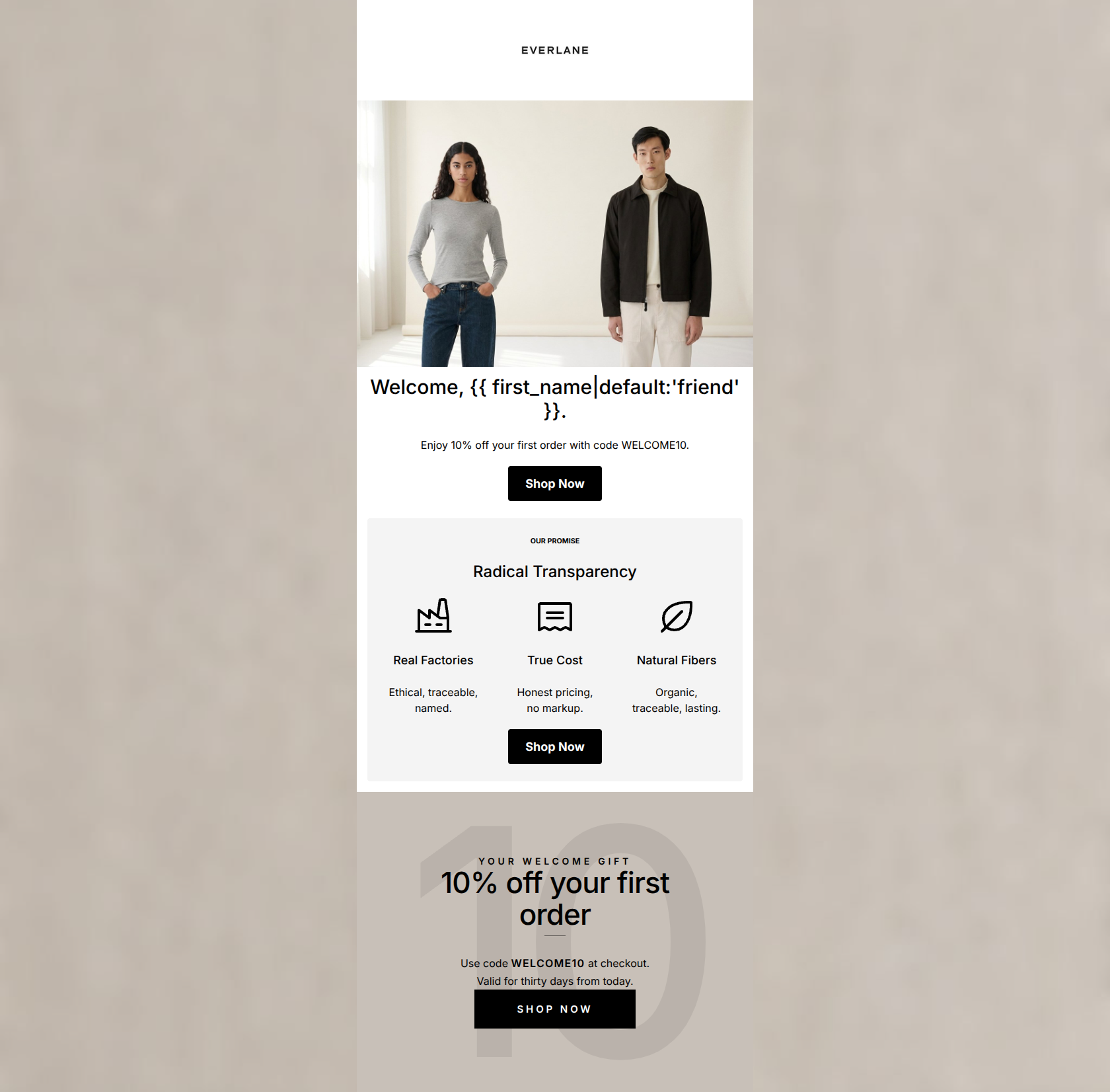 Email design: Welcome to Everlane. Here's 10% off.