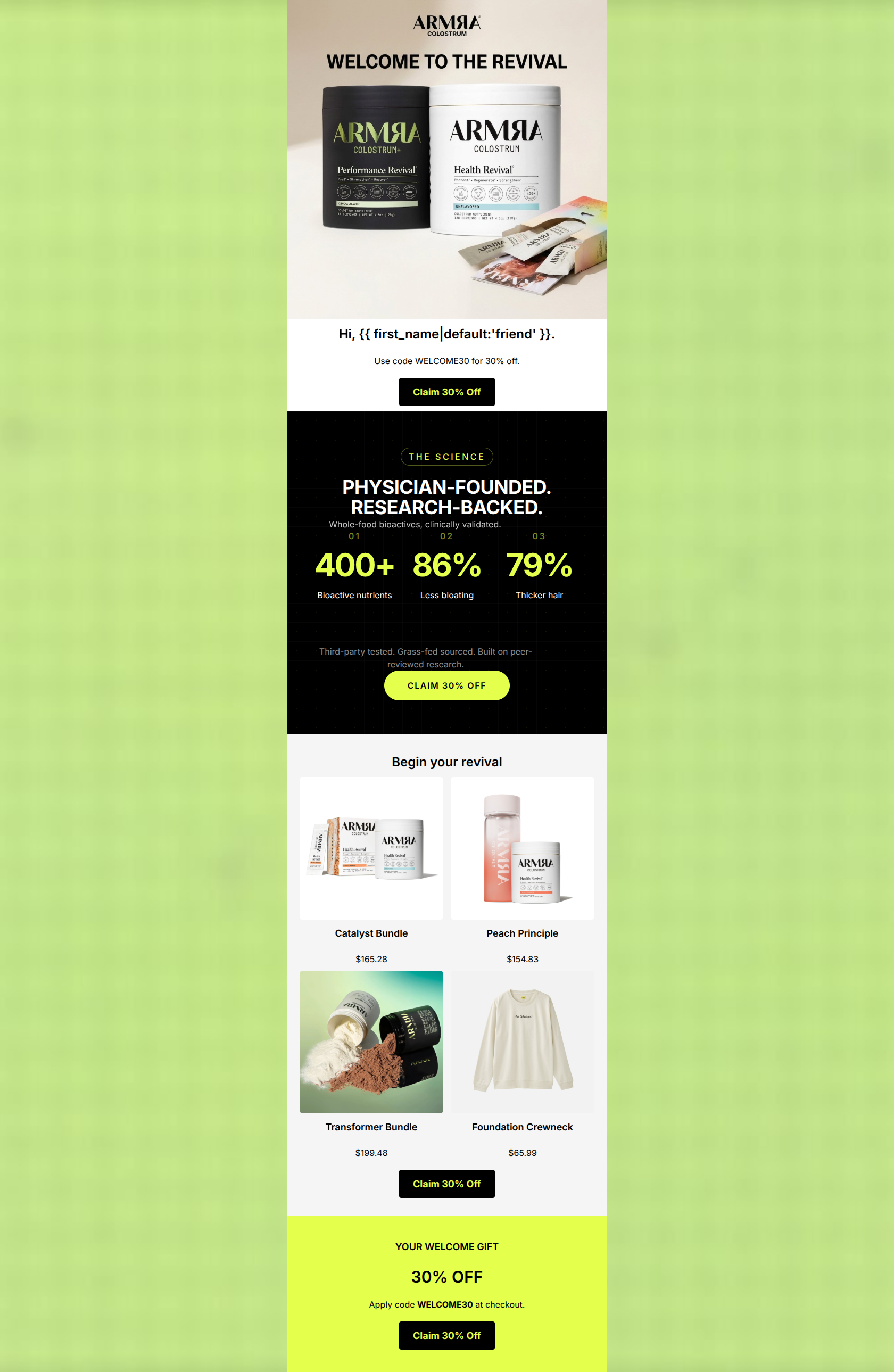 Email design: Welcome to ARMRA — 30% off inside