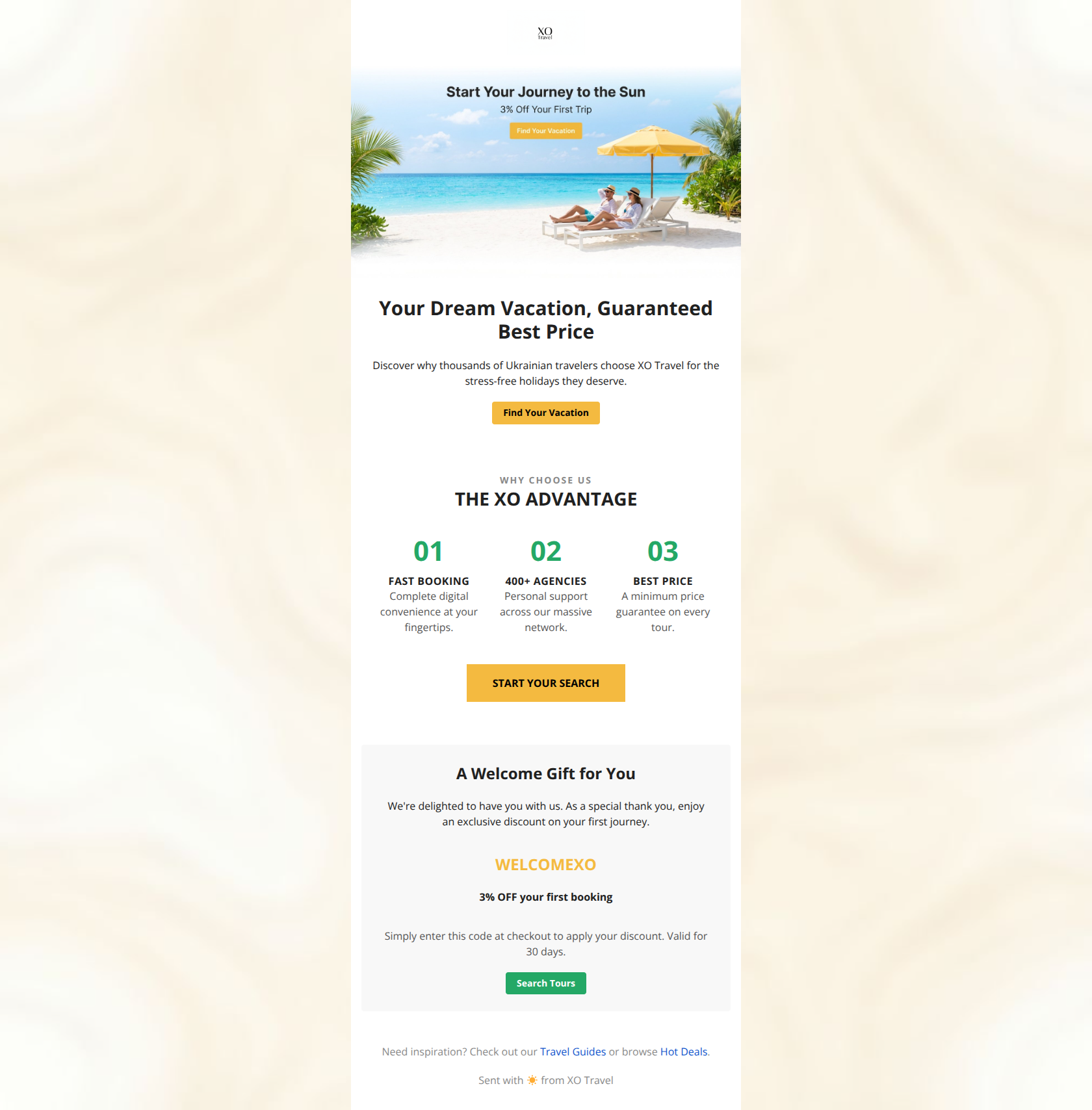 Email design: Welcome to XO Travel! Your journey starts here ☀️