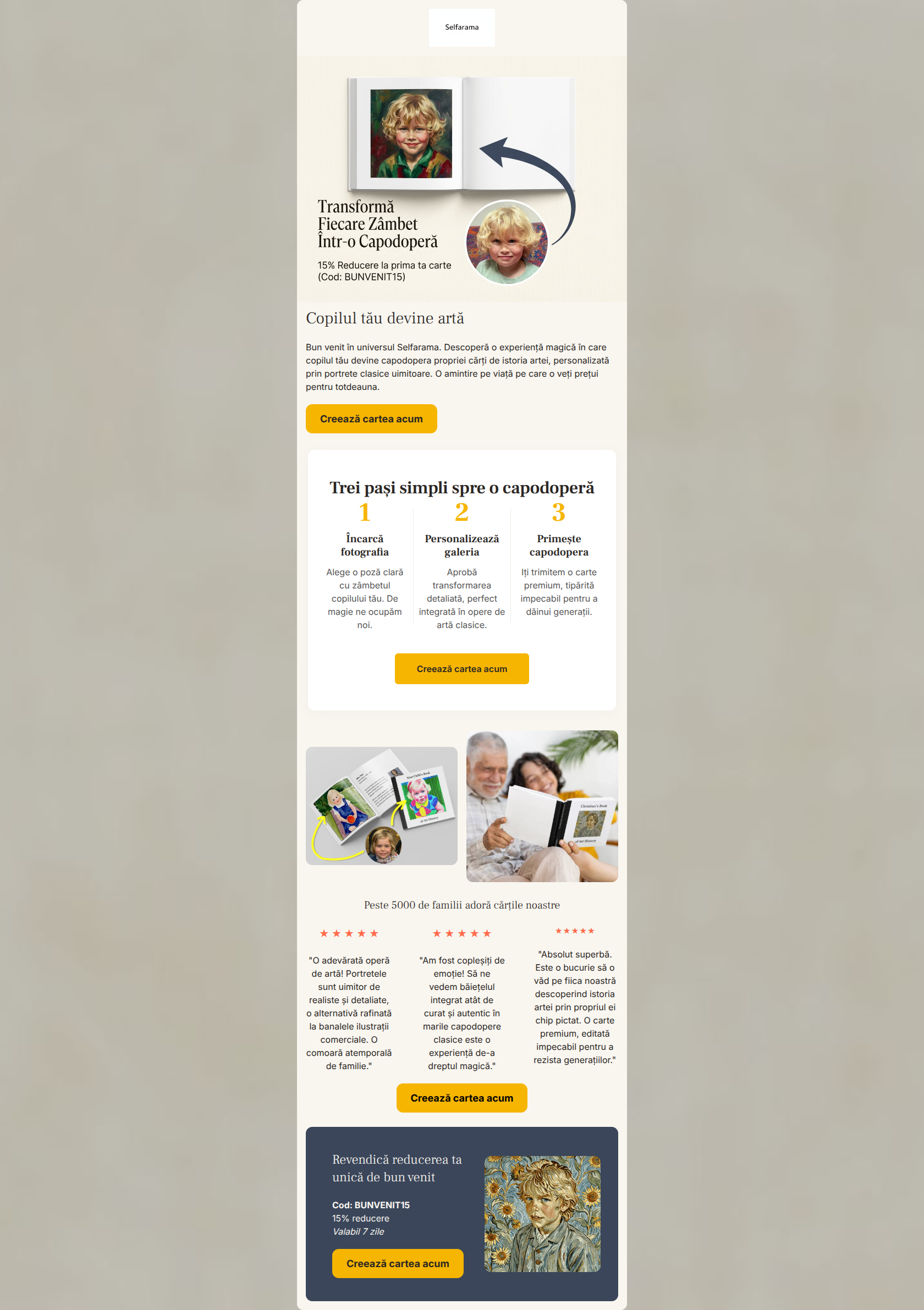 Email design: Bun venit! Copilul tău devine o capodoperă