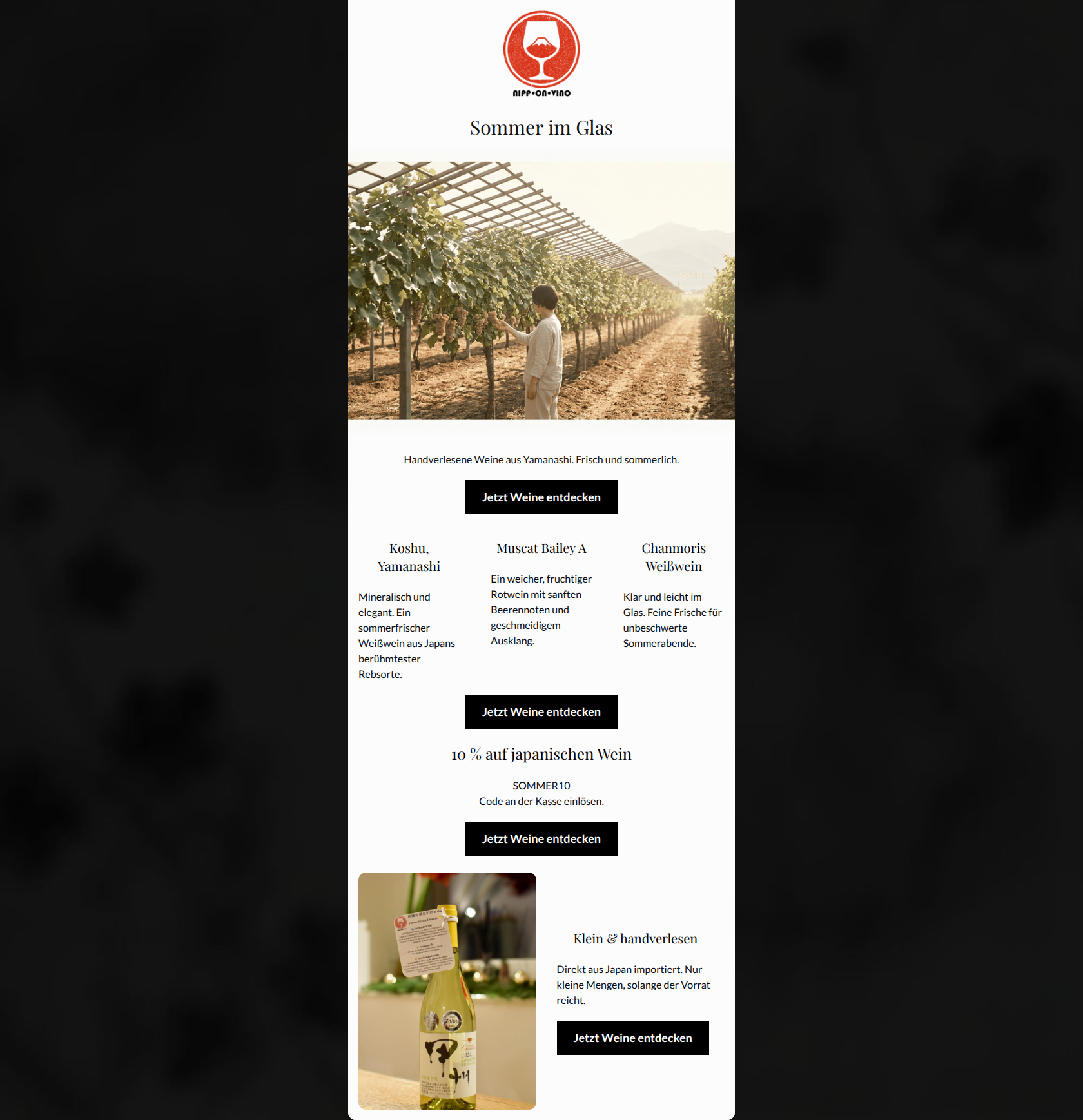Email design: Sommer im Glas – 10 % auf japanischen Wein