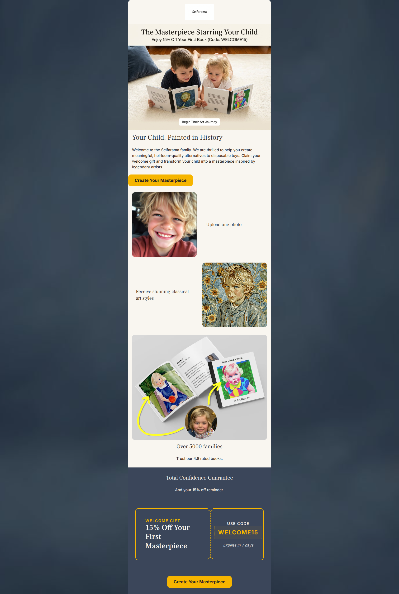 Email design: Welcome to Selfarama! Enjoy 15% off your first boo