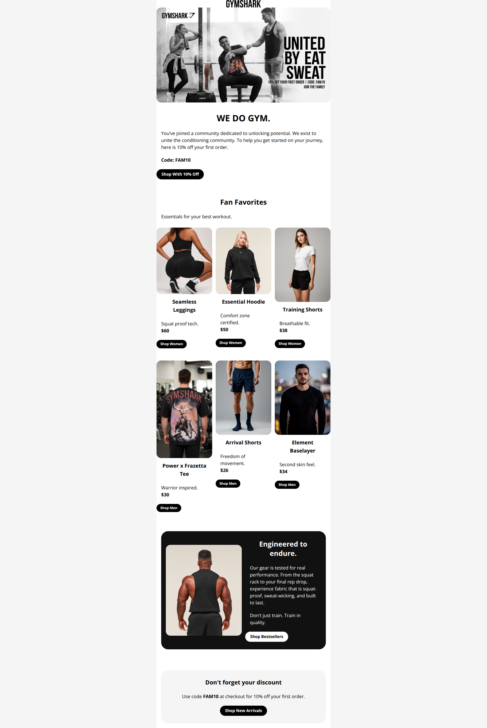 Email design: Welcome to the family 🦈 (plus 10% off)