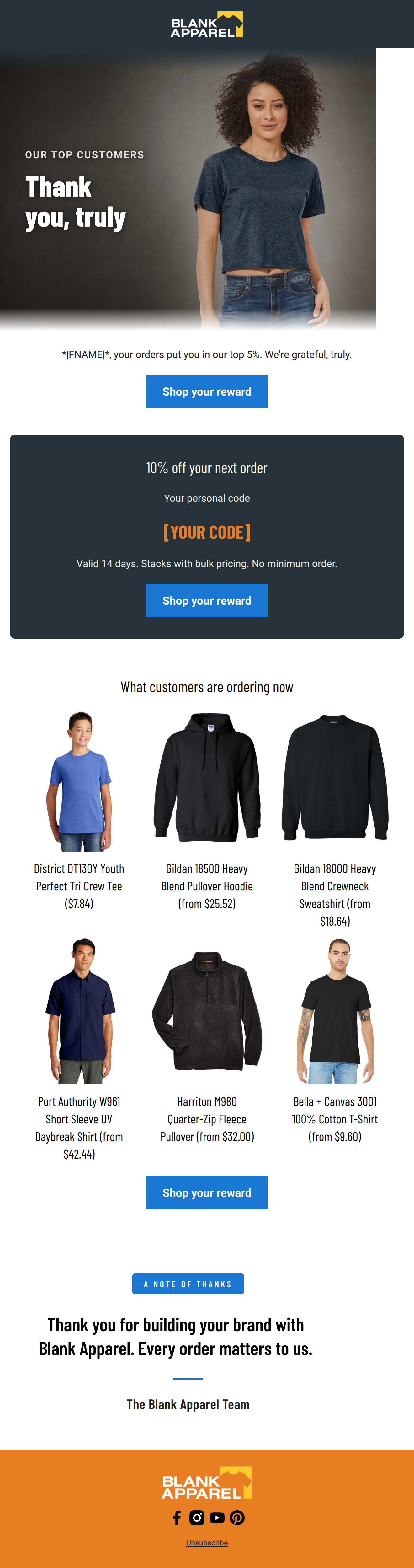 Email design: A thank you, and 10% off your next order