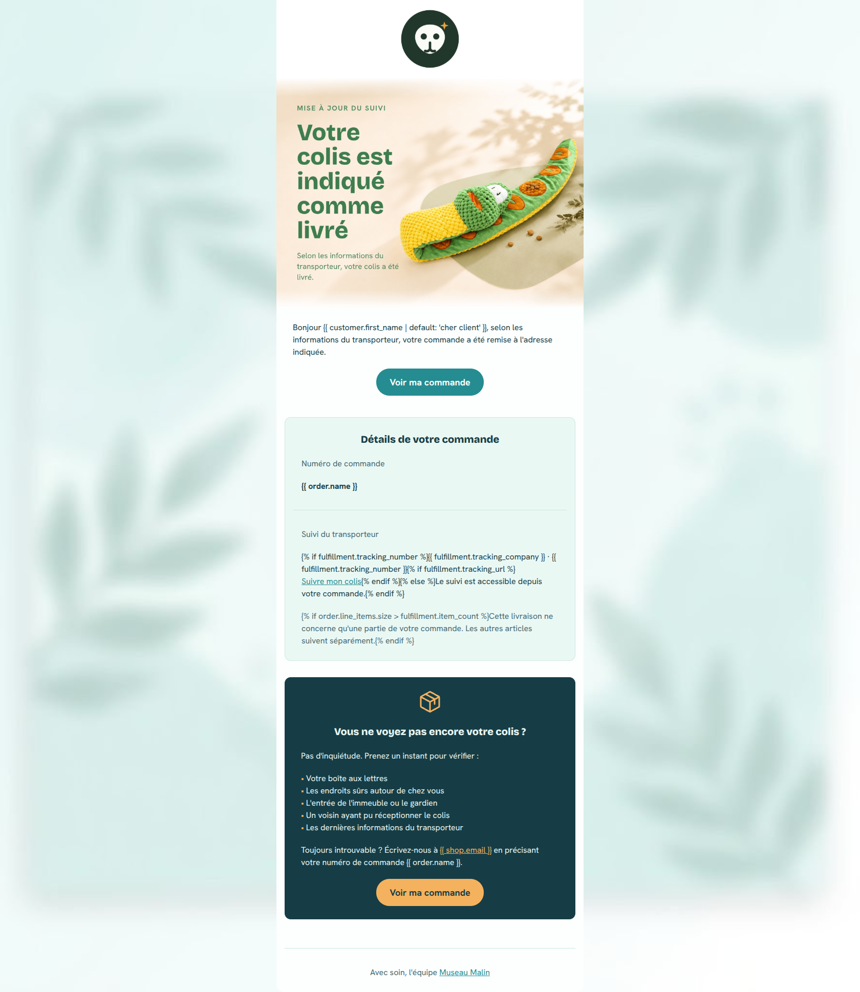 Email design: Votre commande Museau Malin est indiquée comme livrée