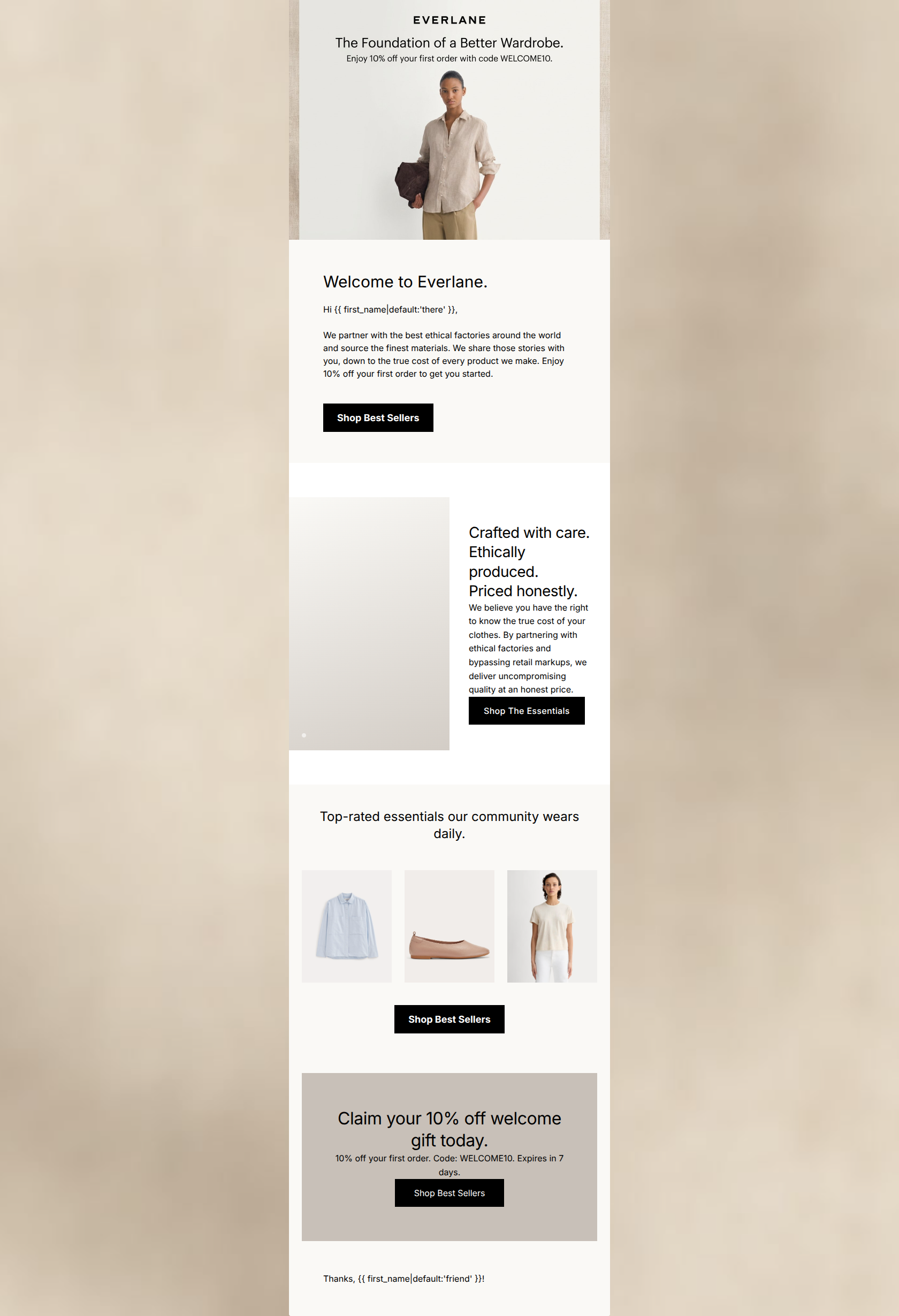 Email design: Welcome to Everlane. Enjoy 10% off.
