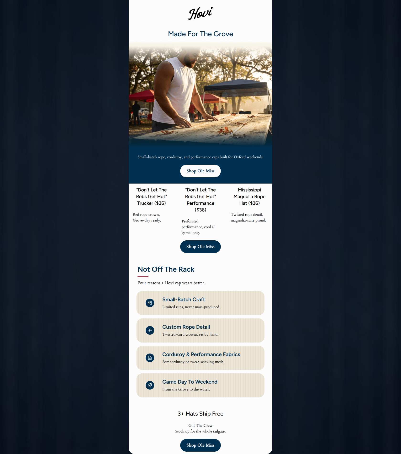 Email design: Made for the Grove: Ole Miss hats
