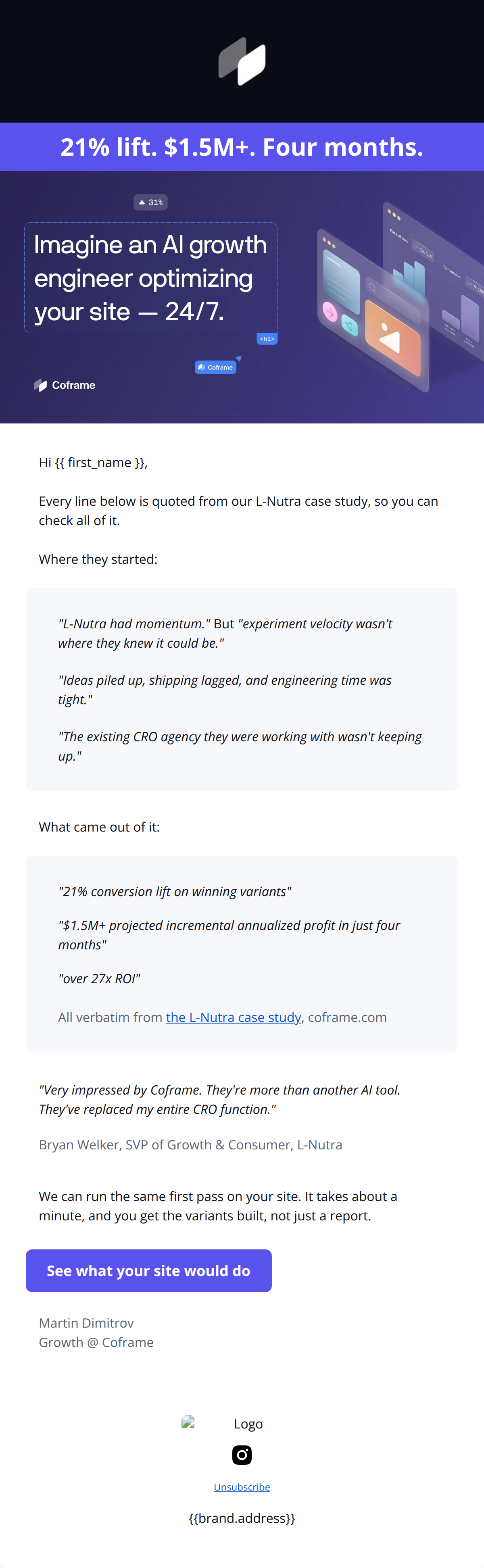 Email design: L-Nutra: 21% lift, $1.5M profit, four months