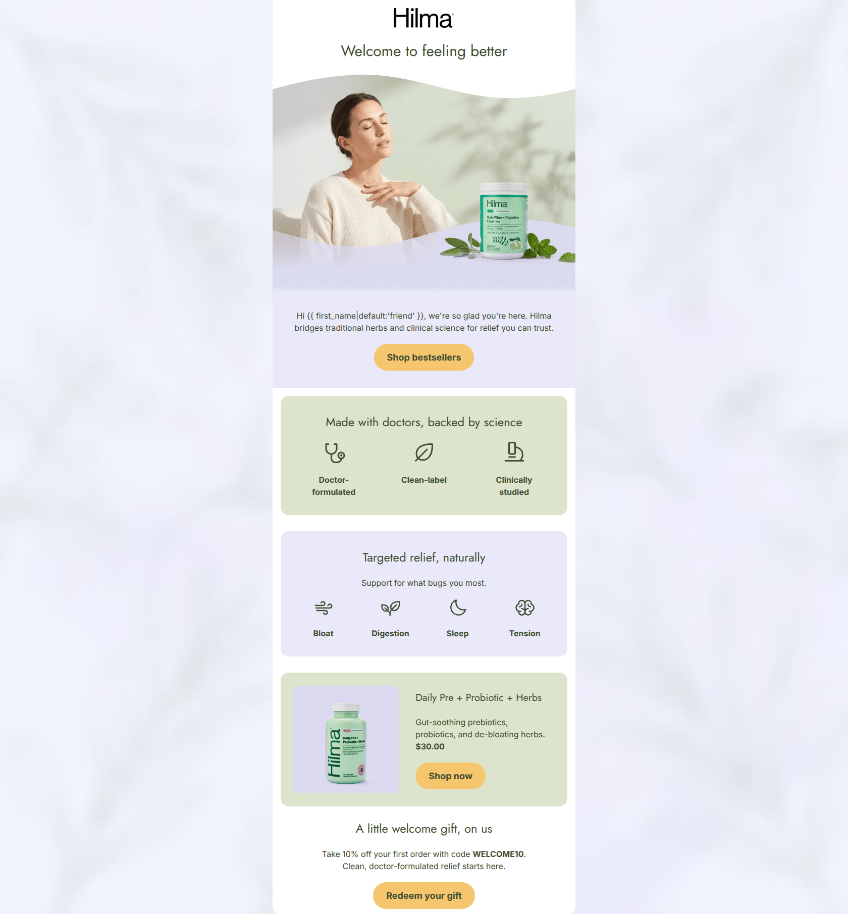 Email design: Welcome to Hilma — so glad you're here